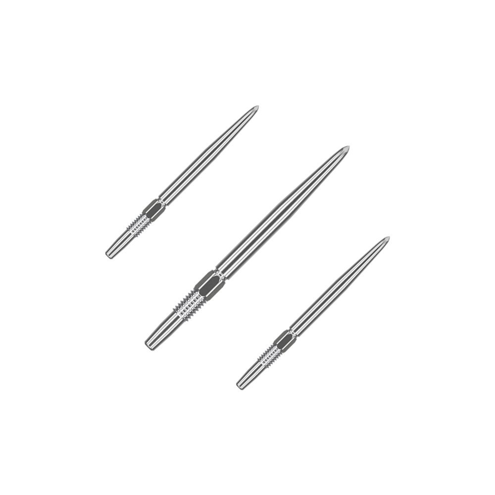 Target Swiss Point Silver dart tips Das Bild zeigt drei silberne Dartspitzen, die nebeneinander liegen. Sie sind lang und schmal mit gerillten Griffbereichen.