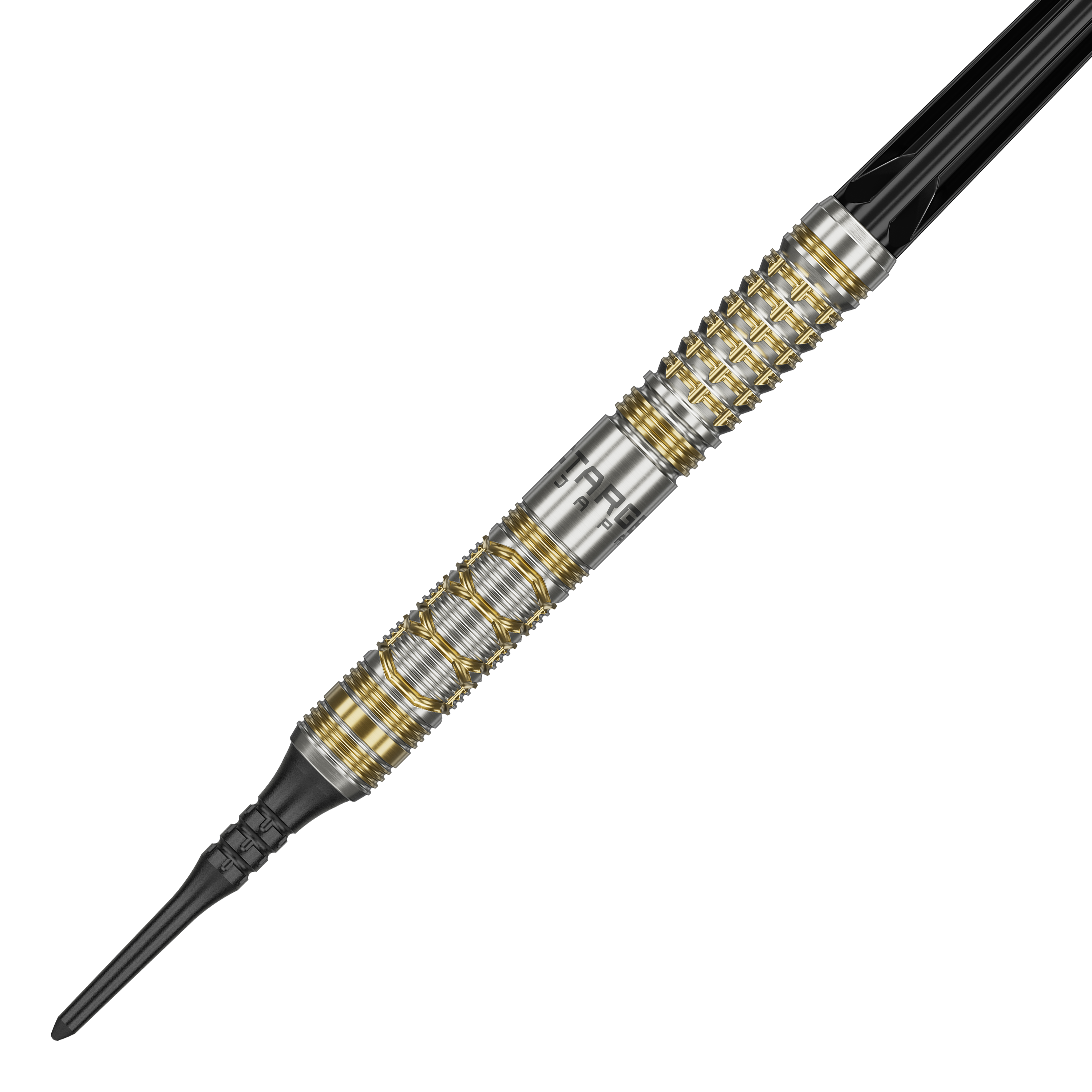 Target Japan Black Marque Reyn GEN2 Soft Darts - 17.5g Das Bild zeigt den Softdart "Target Japan Black Marque Reyn GEN2" mit einem Gewicht von 17,5 g. Der Dartpfeil hat ein silbernes Design mit goldenen Akzenten und einer schwarzen Spitze.