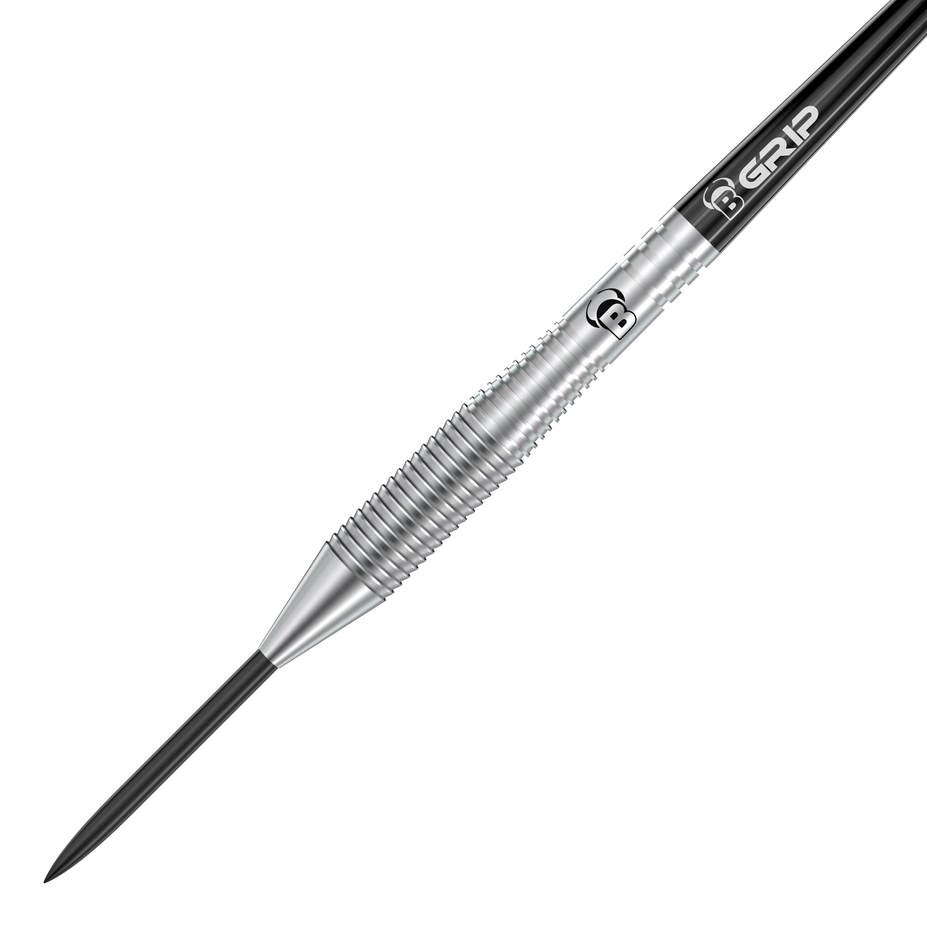 Bulls Martin Schindler TW80 steel darts Das Bild zeigt einen Bulls Martin Schindler TW80 Steeldart. Der Dartpfeil ist silberfarben mit einer geriffelten Griffzone und schwarzem Schaft.