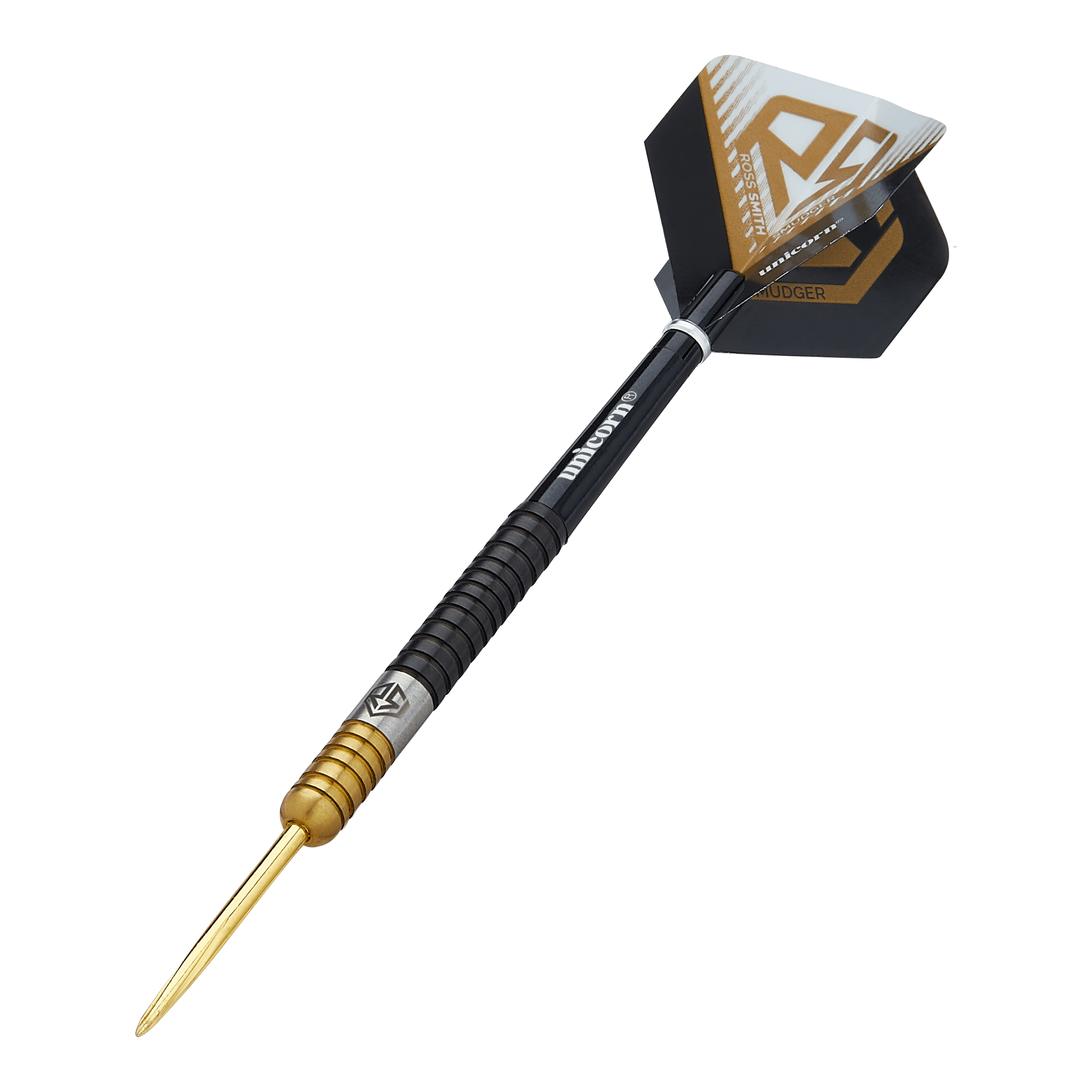 Unicorn Ross Smith Two-Tone Steel Darts Dies ist ein Steeldart namens "Unicorn Ross Smith Two-Tone Steeldarts". Er hat eine goldene Spitze, einen zweifarbigen Griff und schwarze Flights mit gold-weißen Akzenten.