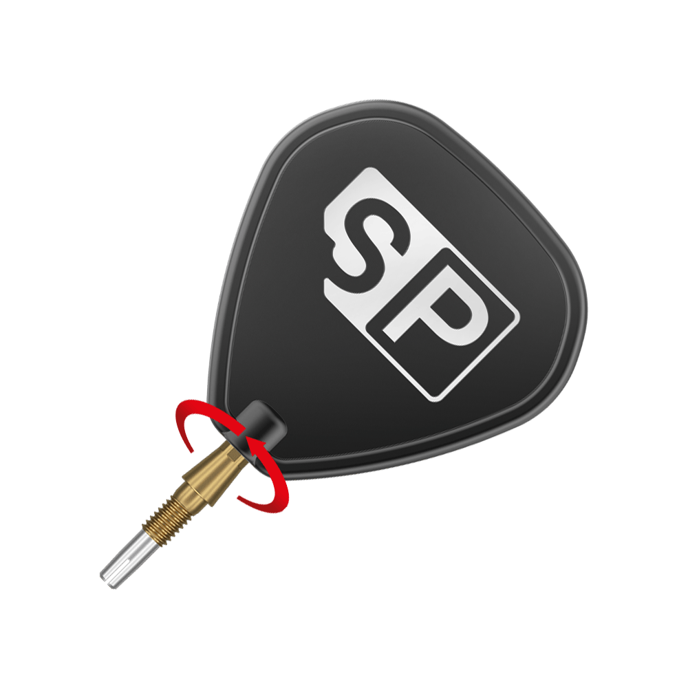 Target Swiss Storm Onyx Point Dart Tips - Gold Das Bild zeigt eine goldene Dartspitze des Produkts "Target Swiss Storm Onyx Point Dartspitzen". Ein schwarzes Dartflügel mit der Aufschrift "SP" ist ebenfalls zu sehen.