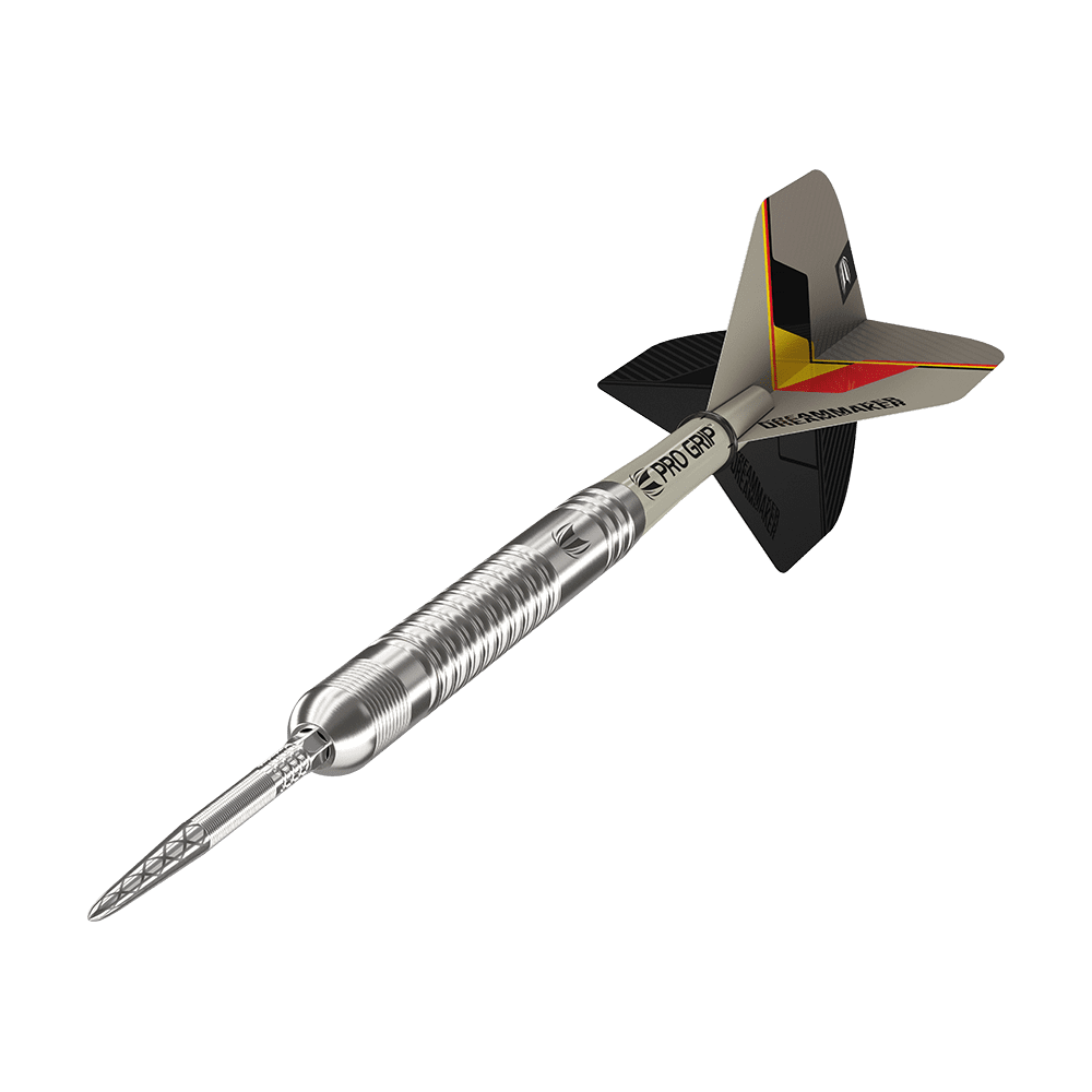 190224-_Target_Dimitri_Van_Den_Bergh_GEN2_Swiss_Point_Steeldarts_4 Auf dem Bild ist ein silberner Steeldartpfeil mit strukturiertem Griff zu sehen. Das Flight am Ende des Pfeils ist schwarz, grau und gelb mit der Aufschrift "PRO GRIP".