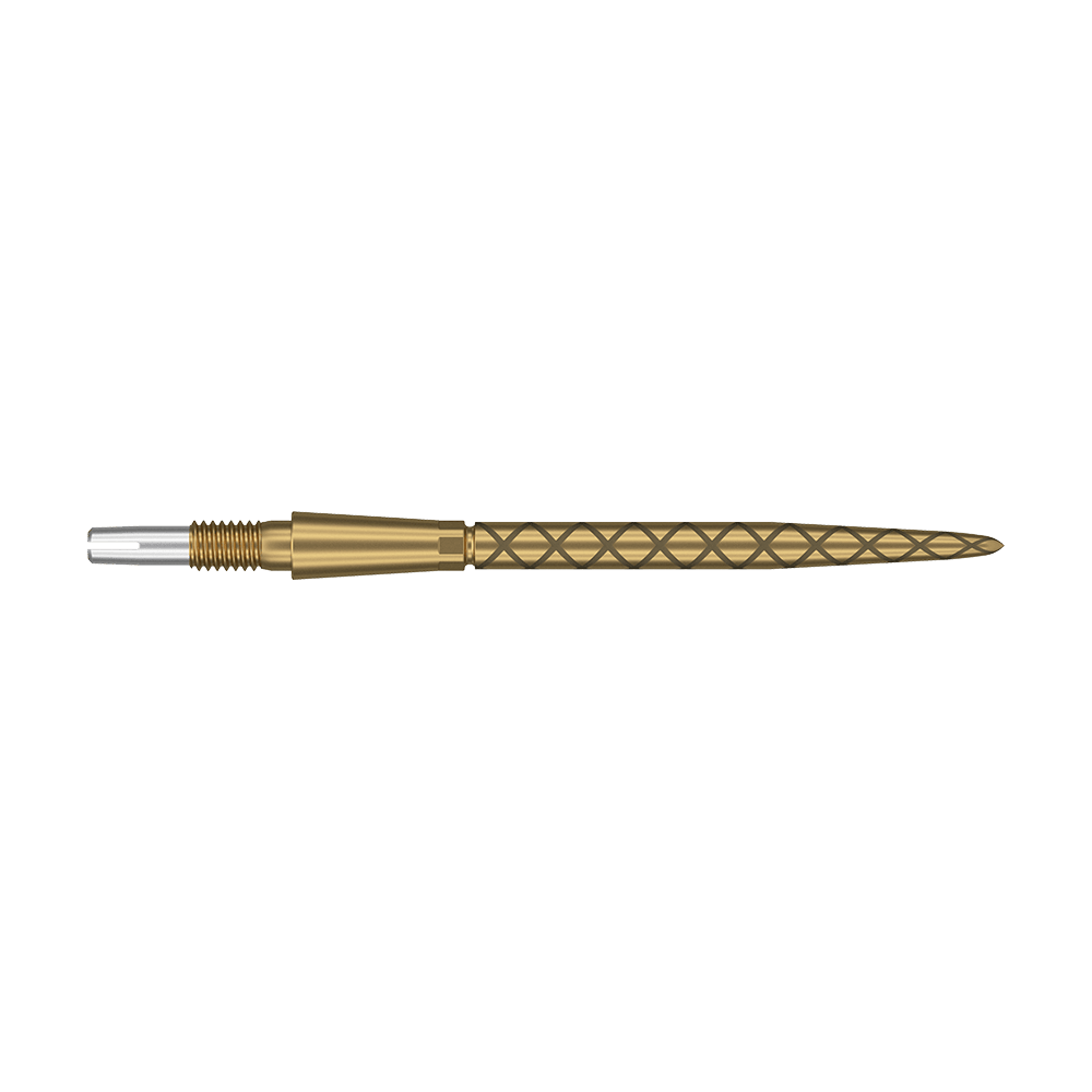 Target Swiss Storm Diamond Point Dart Tips - Gold Auf dem Bild ist eine goldene Dartspitze mit Diamantmuster zu sehen. Die Spitze ist lang und hat am hinteren Ende einen silbernen Schraubaufsatz.