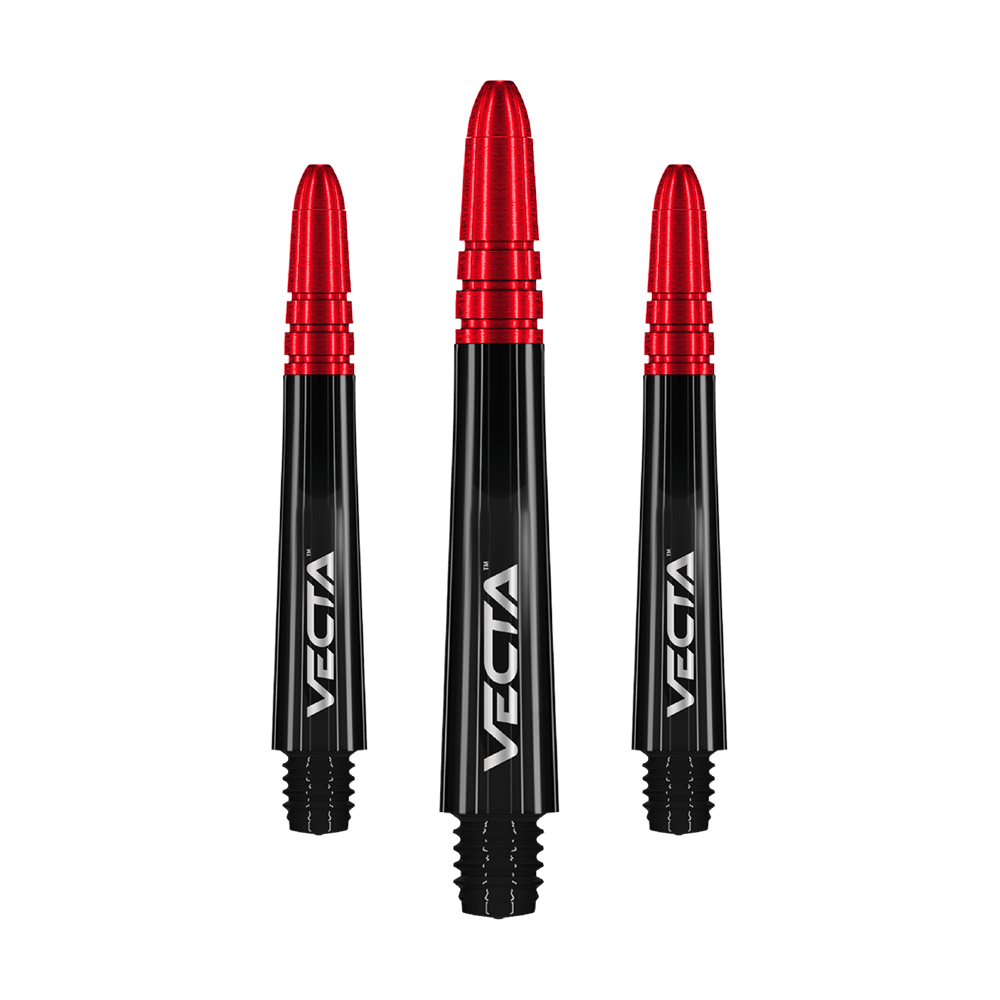 Winmau Vecta Shafts - Schwarz Rot Das Bild zeigt drei schwarze und rote Dartschäfte mit der Aufschrift "VECTA". Sie stehen aufrecht nebeneinander vor einem transparenten Hintergrund.