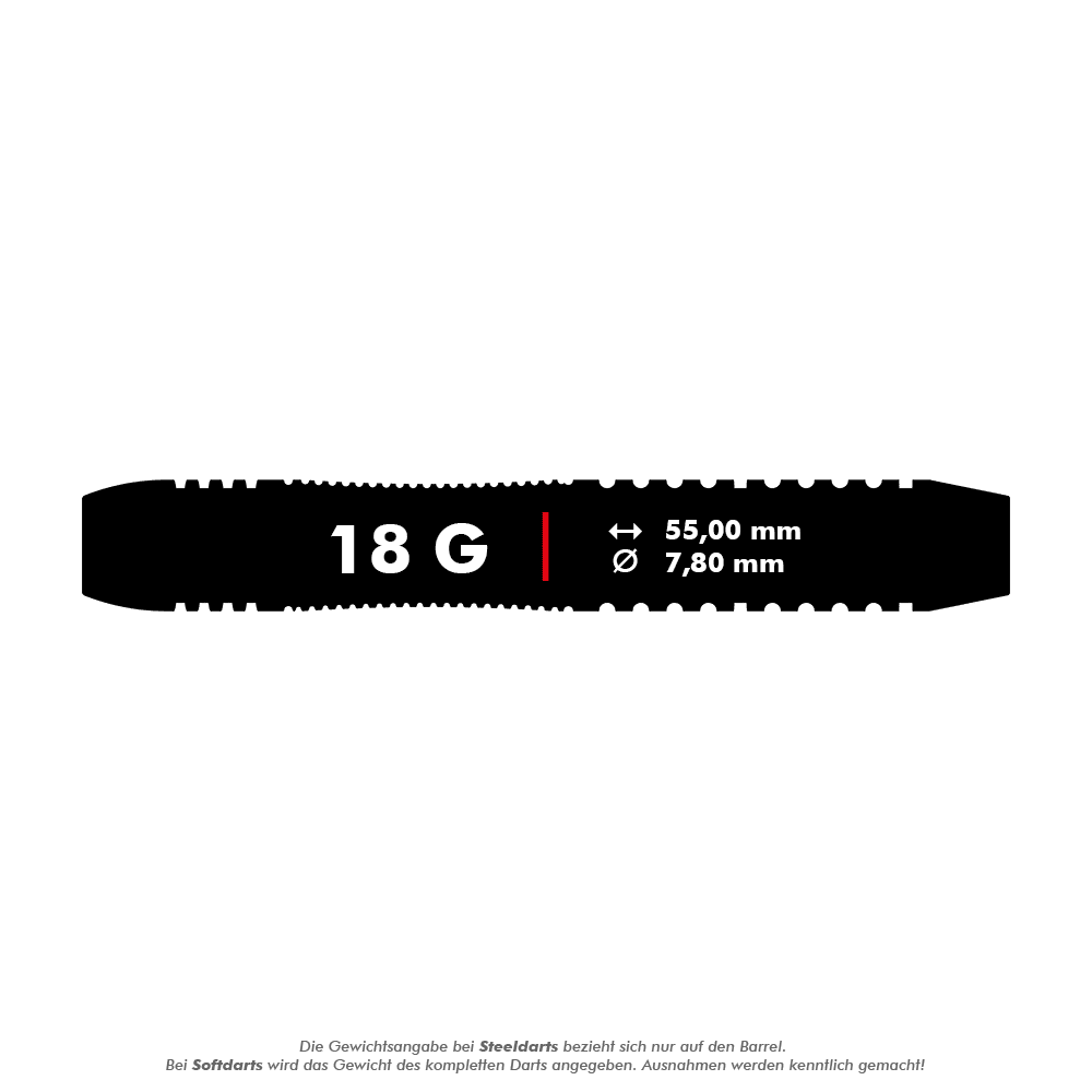Target Rob Cross Brass Soft Darts - 18g Das Bild zeigt die technischen Daten des Produkts "Target Rob Cross Brass Softdarts - 18g". Der Dart wiegt 18 Gramm, ist 55,00 mm lang und hat einen Durchmesser von 7,80 mm.