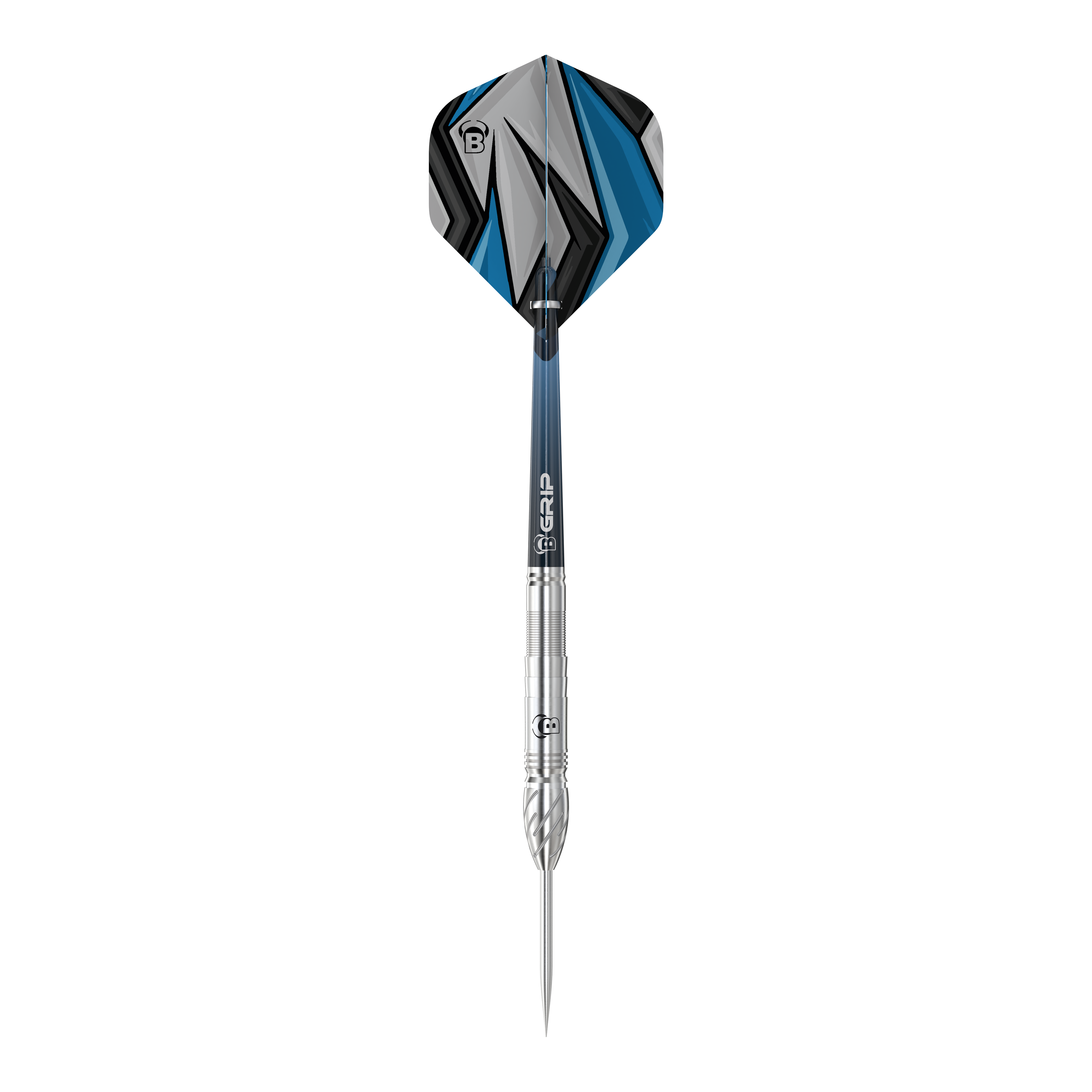 Bulls Stone S1 Steeldarts Das Bild zeigt einen Steeldart der Marke Bulls, Modell Stone S1. Der Dart hat eine silberne Spitze und Schaft sowie ein Flight mit blau-schwarzem Muster.