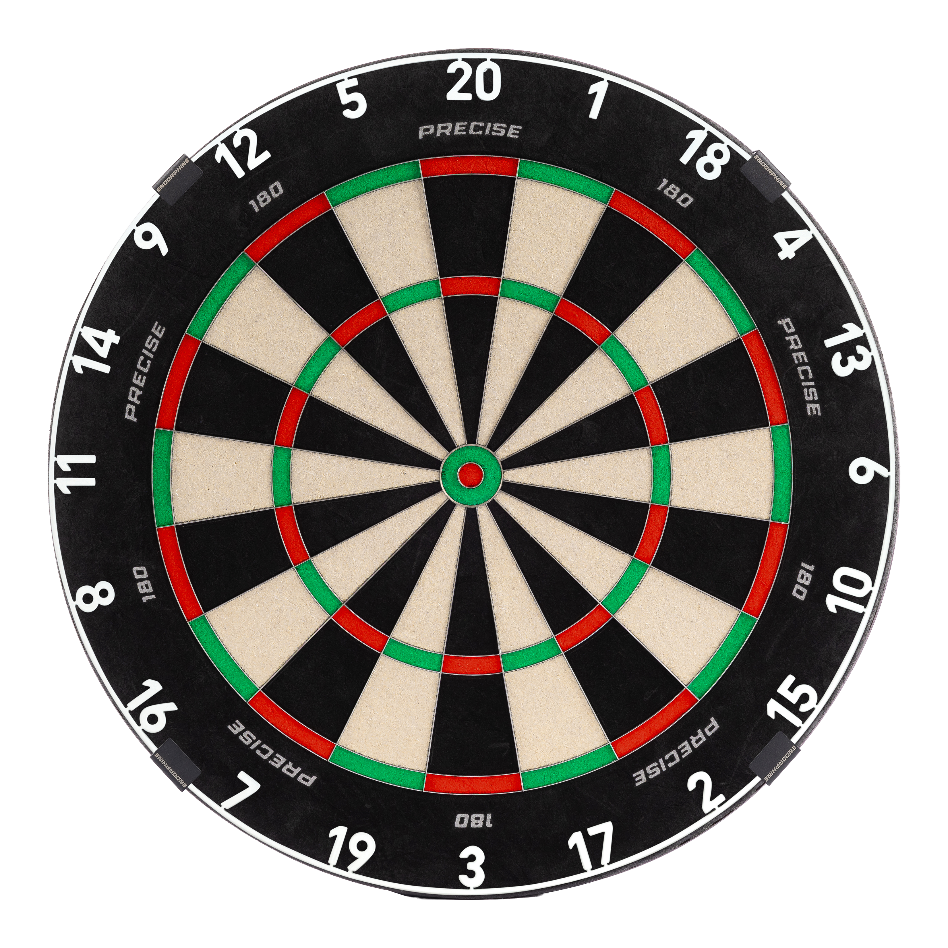 Abgebildet ist das Precise 180 Endorphine Steeldartboard mit einem weißen Nummernring. Das Produkt ist speziell für Präzisionswürfe entworfen.