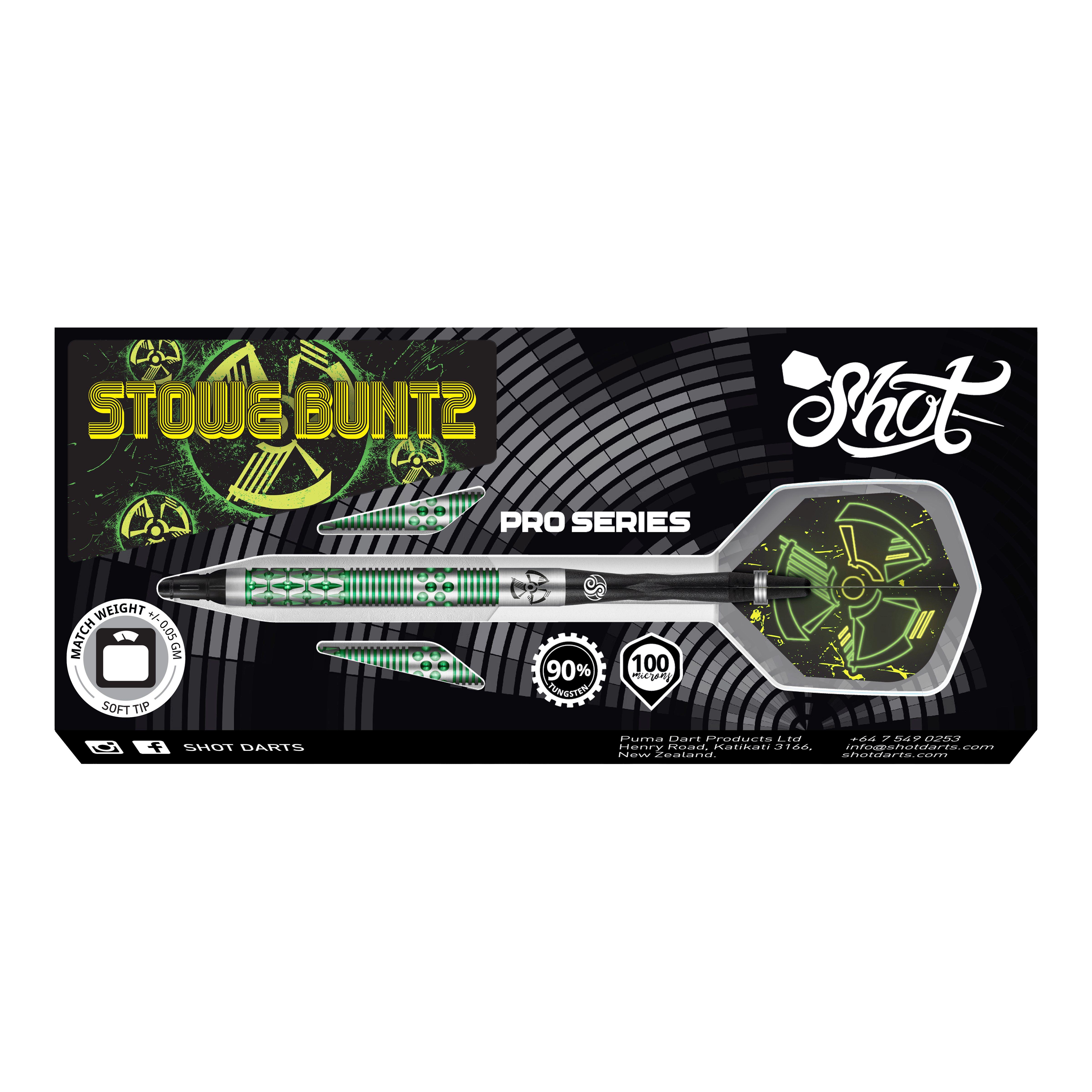 Shot Pro-Series Stowe Buntz 2 soft darts - 21g Das Bild zeigt die Verpackung der "Shot Pro-Series Stowe Buntz 2 Softdarts - 21g". Auf der Verpackung sind die Dartpfeile mit grünem und schwarzem Design sowie das Shot-Logo abgebildet.