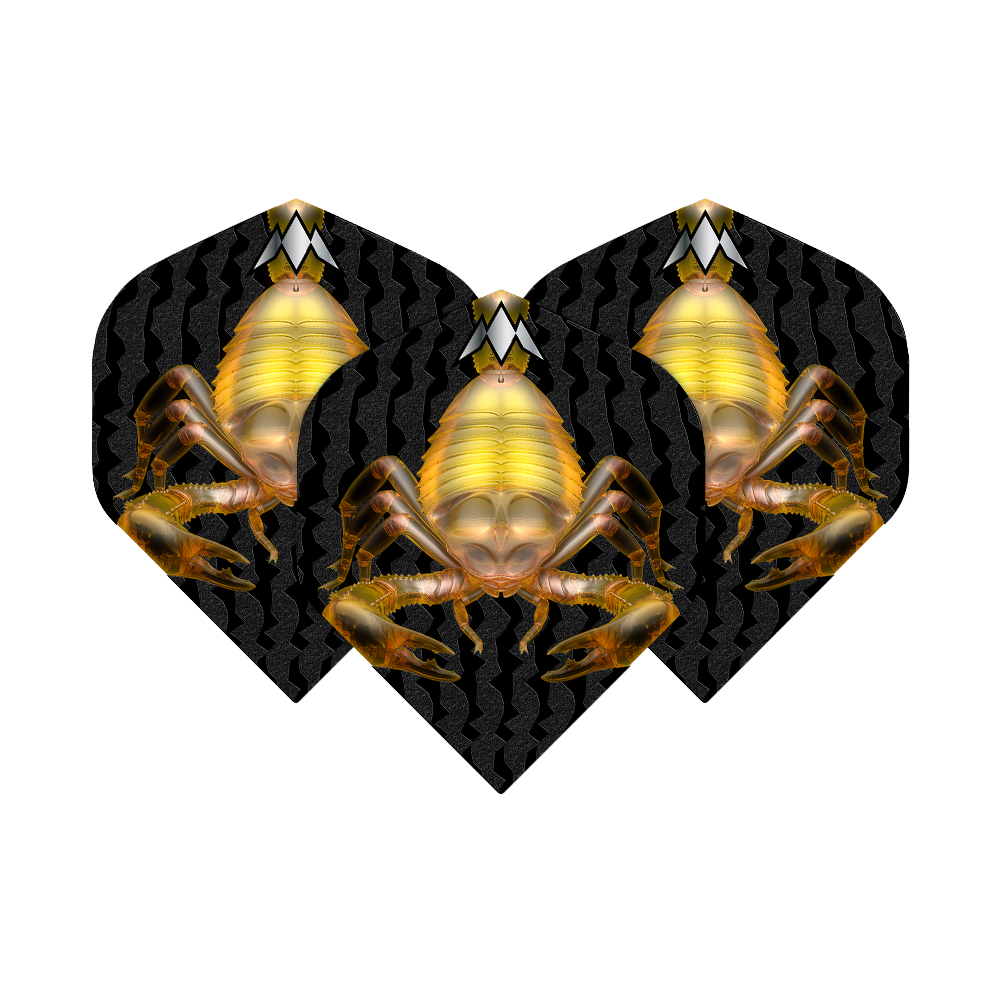 Mission Solo Scorpion No2 Standard Flights Das Bild zeigt drei Dart-Flights mit einem auffälligen Skorpion-Design auf schwarzem Hintergrund. Die Flights sind Teil des Produkts "Mission Solo Scorpion No2 Standard Flights".