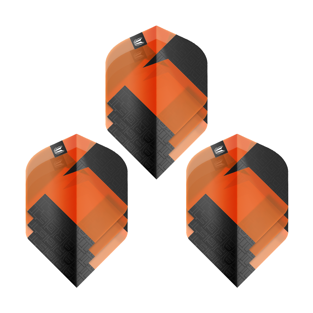 Target Pro Ultra TAG Orange No2 Standard Flights - 3 sets Das Bild zeigt drei Sets der Target Pro Ultra TAG Orange No2 Standard Flights. Die Flights sind in den Farben Orange und Schwarz gestaltet und haben ein geometrisches Muster.