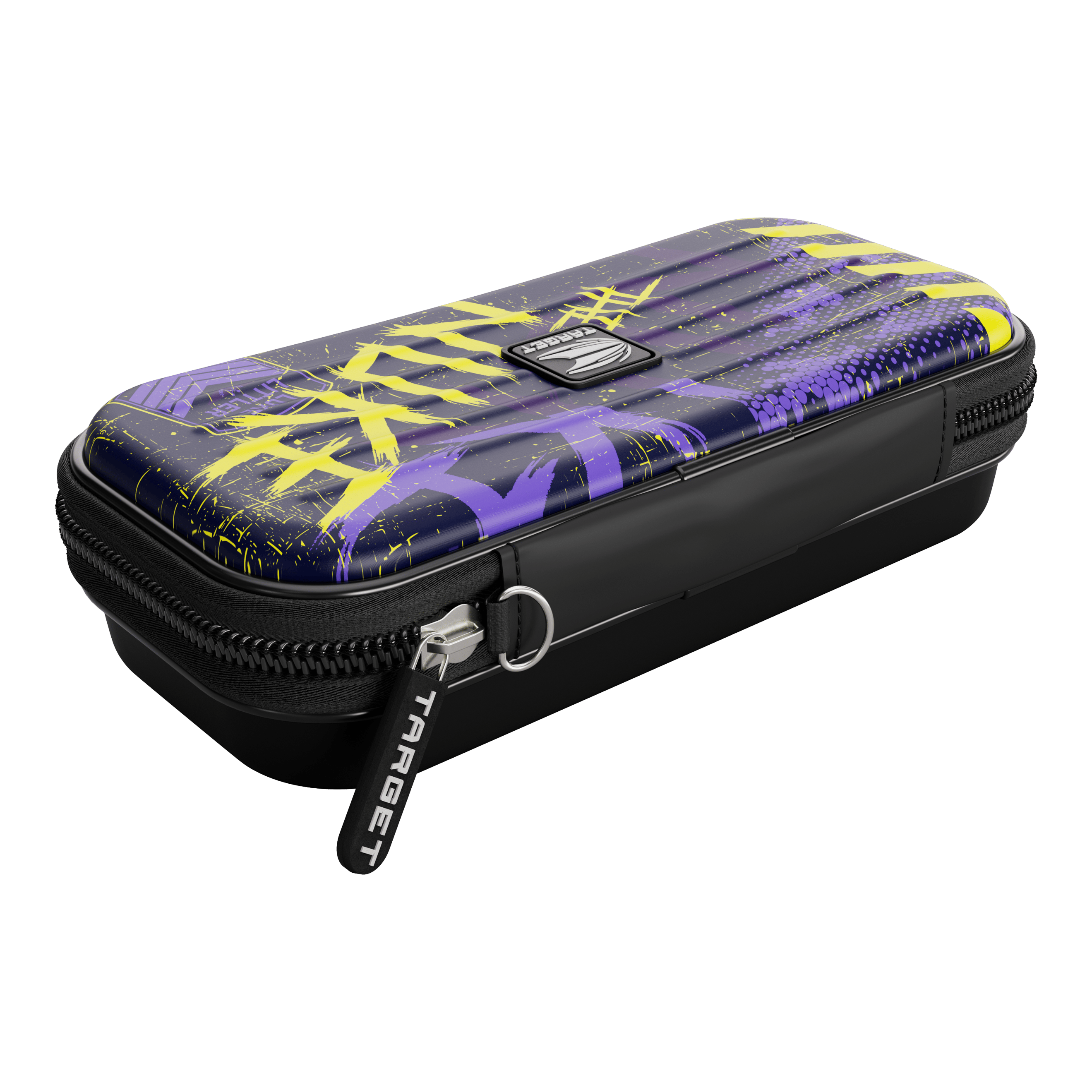 Target Takoma Luke Littler dart case Das Bild zeigt das "Target Takoma Luke Littler Dartcase" mit einem auffälligen Design in Lila, Gelb und Schwarz. Das Etui hat einen Reißverschluss und das Target-Logo ist gut sichtbar.