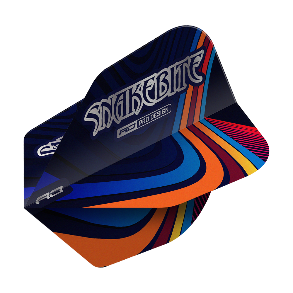 Das Bild zeigt ein Dartflight mit dem Namen "Red Dragon Peter Wright Snakebite Multi Swirl No6 Flights". Das Flight-Design ist bunt mit geschwungenen Linien in Blau, Orange, Rot und Gelb, und trägt die Aufschrift "Snakebite".