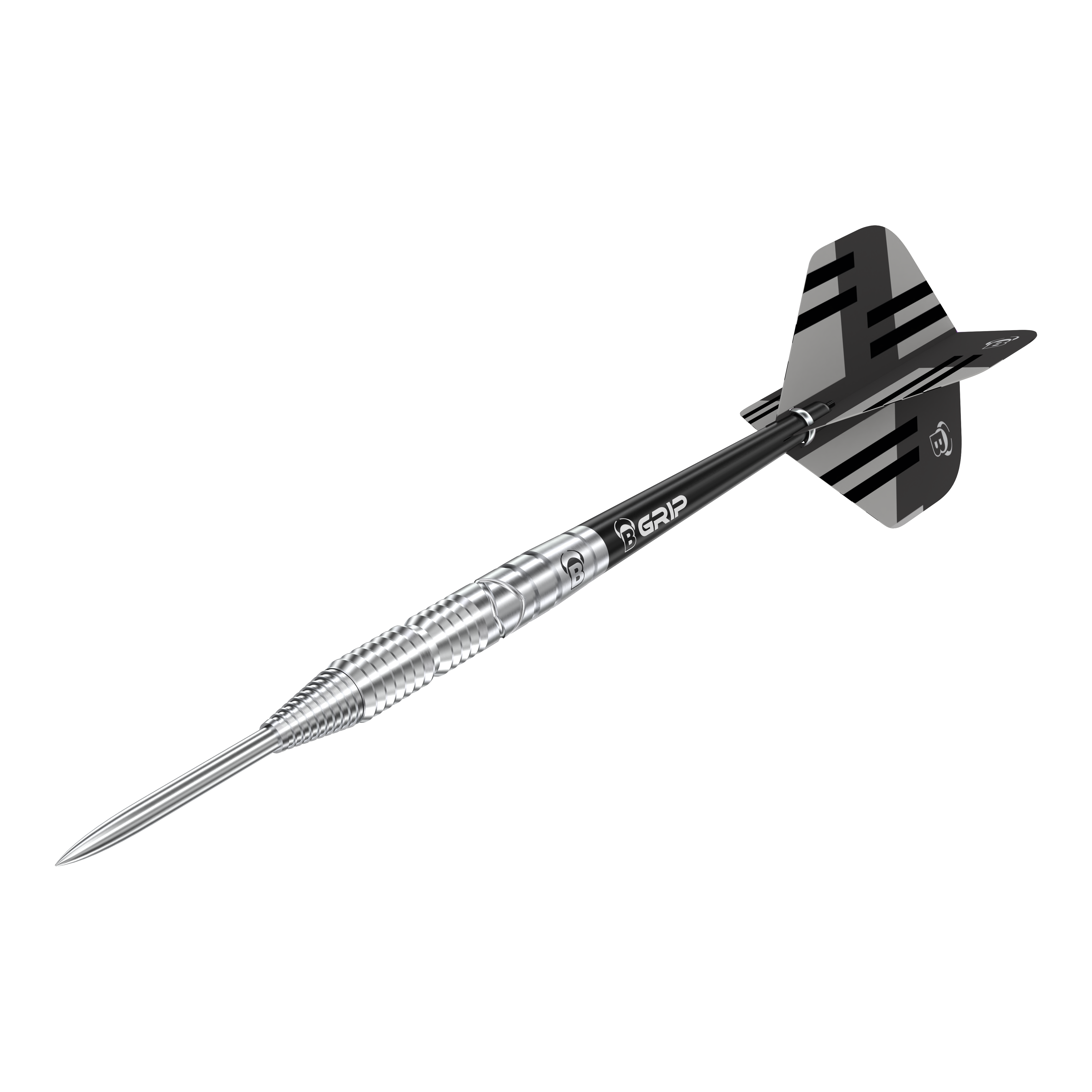 Bulls Tac T3 Steeldarts Das Bild zeigt den Bulls Tac T3 Steeldart. Der Dartpfeil hat eine silberne Spitze und einen schwarz-silbernen Schaft mit Flights.