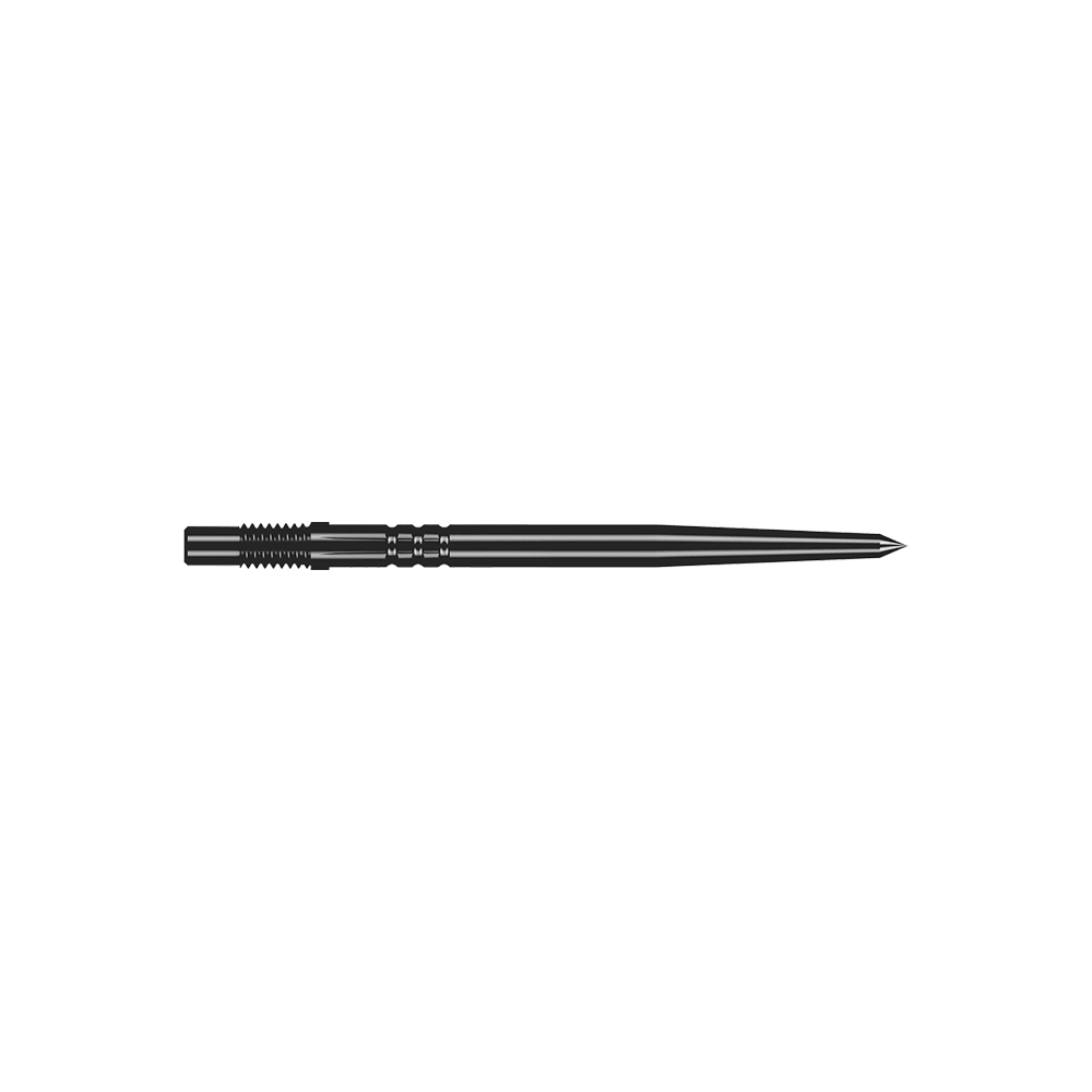 Shot Turbo Point Dart Tips - Black Ein Paar schwarze Turbo-Dartspitzen mit glatter Oberfläche ist abgebildet. Die Spitzen sind gerade und fein gearbeitet.