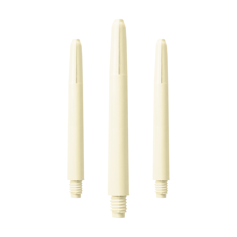 578_Nylon_Shafts_Naturweiss_48mm_1 Das Bild zeigt drei naturweiße Nylon-Schäfte für Dartpfeile. Sie sind in unterschiedlicher Länge dargestellt und haben ein Schraubgewinde am unteren Ende.