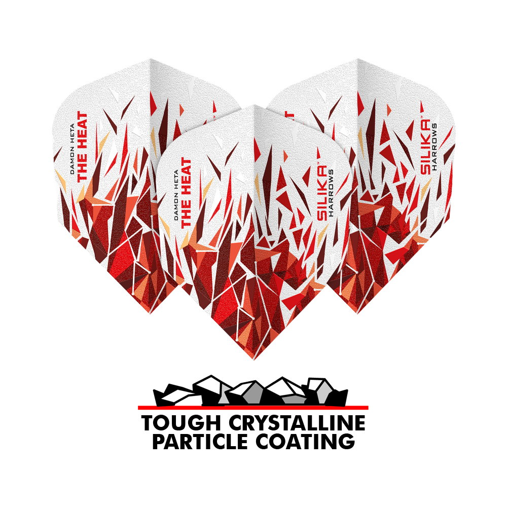 Das Bild zeigt die Harrows Silika Damon Heta 2 Dart-Flights mit auffälligem, rot-weißem Kristalldesign. Unten steht der Schriftzug "Tough Crystalline Particle Coating".
