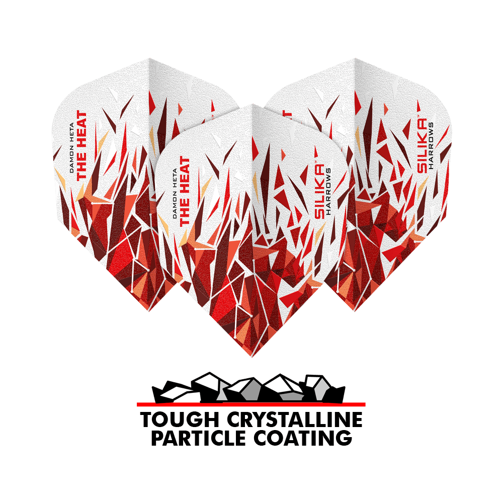 Harrows Silika Damon Heta 2 Solid Tough Crystalline Coating No6 Flights Das Bild zeigt die Harrows Silika Damon Heta 2 Dart-Flights mit auffälligem, rot-weißem Kristalldesign. Unten steht der Schriftzug "Tough Crystalline Particle Coating".