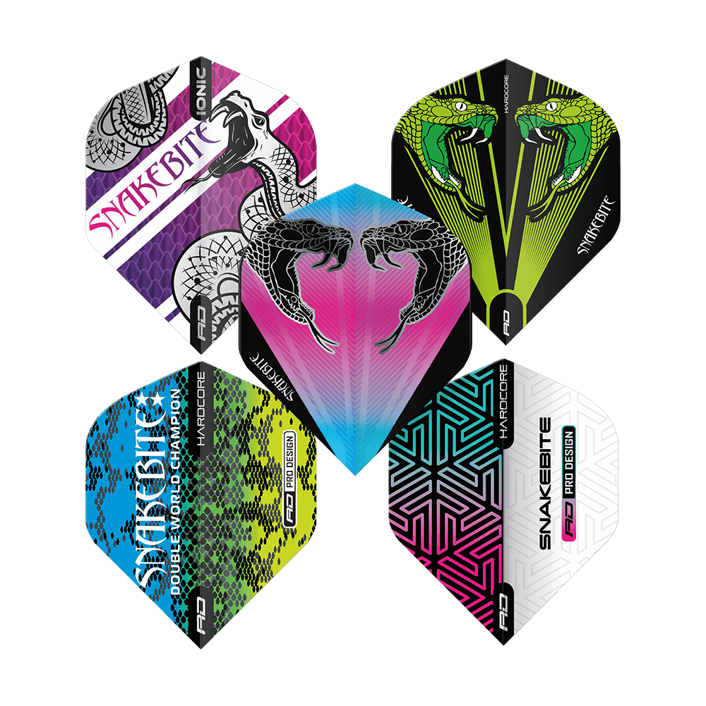 X0797_Red_Dragon_Peter_Wright_1_Flight_Card_2 Das Bild zeigt fünf bunte Dart-Flights mit verschiedenen Schlangen- und Musterdesigns aus der Produktreihe „Red Dragon Peter Wright 1 Flight Card“. Jeder Flight hat ein einzigartiges Farbmuster und auffällige Grafiken.