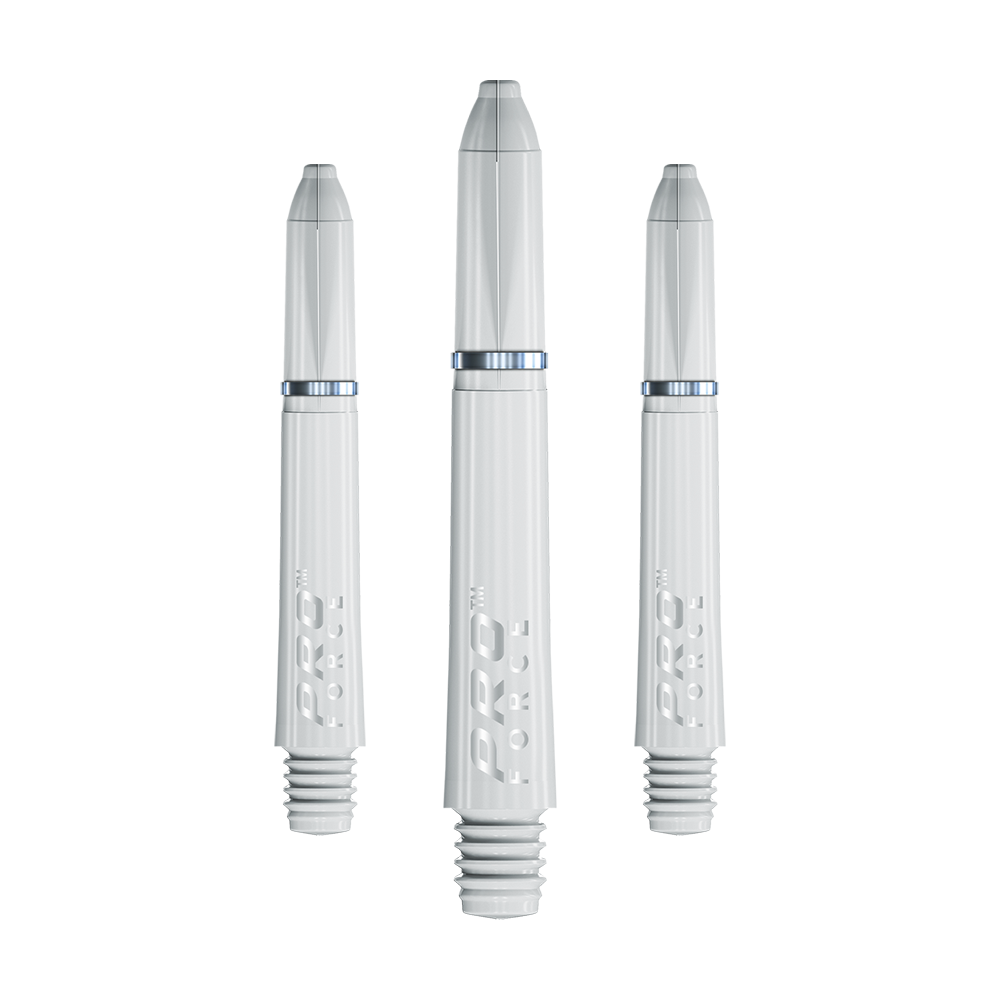 7011_102_Winmau_Pro-Force_Shafts_Weiss_35mm_1OkkvD74Ao3LmW Das Bild zeigt drei weiße Winmau Pro-Force Shafts für Dartpfeile. Die Shafts sind in unterschiedlichen Längen abgebildet und haben die Aufschrift "PRO FORCE".