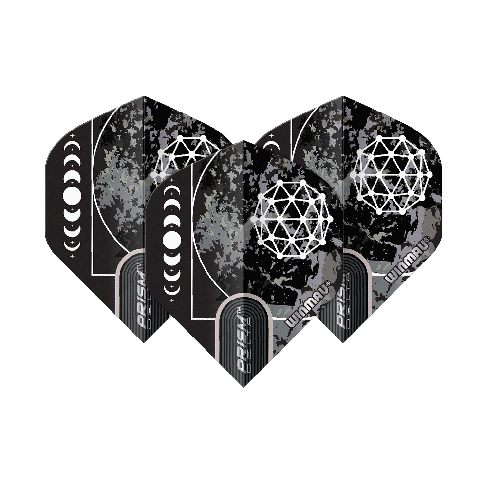 Das Bild zeigt die Winmau Prism Delta Callisto No2 Standard Flights. Sie sind schwarz mit einem geometrischen weißen Muster und einer Mondphasen-Grafik gestaltet.