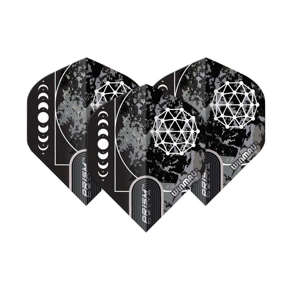 Winmau Prism Delta Callisto No2 Standard Flights Das Bild zeigt die Winmau Prism Delta Callisto No2 Standard Flights. Sie sind schwarz mit einem geometrischen weißen Muster und einer Mondphasen-Grafik gestaltet.