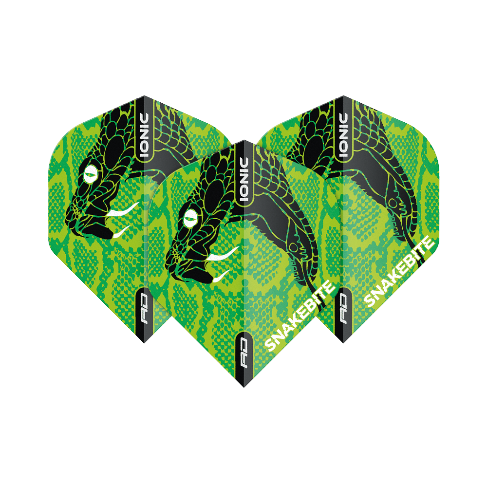 Das Bild zeigt drei Dart-Flights mit einem auffälligen grünen Schlangenkopf-Design. Auf den Flights stehen die Wörter "IONIC" und "SNAKEBITE".