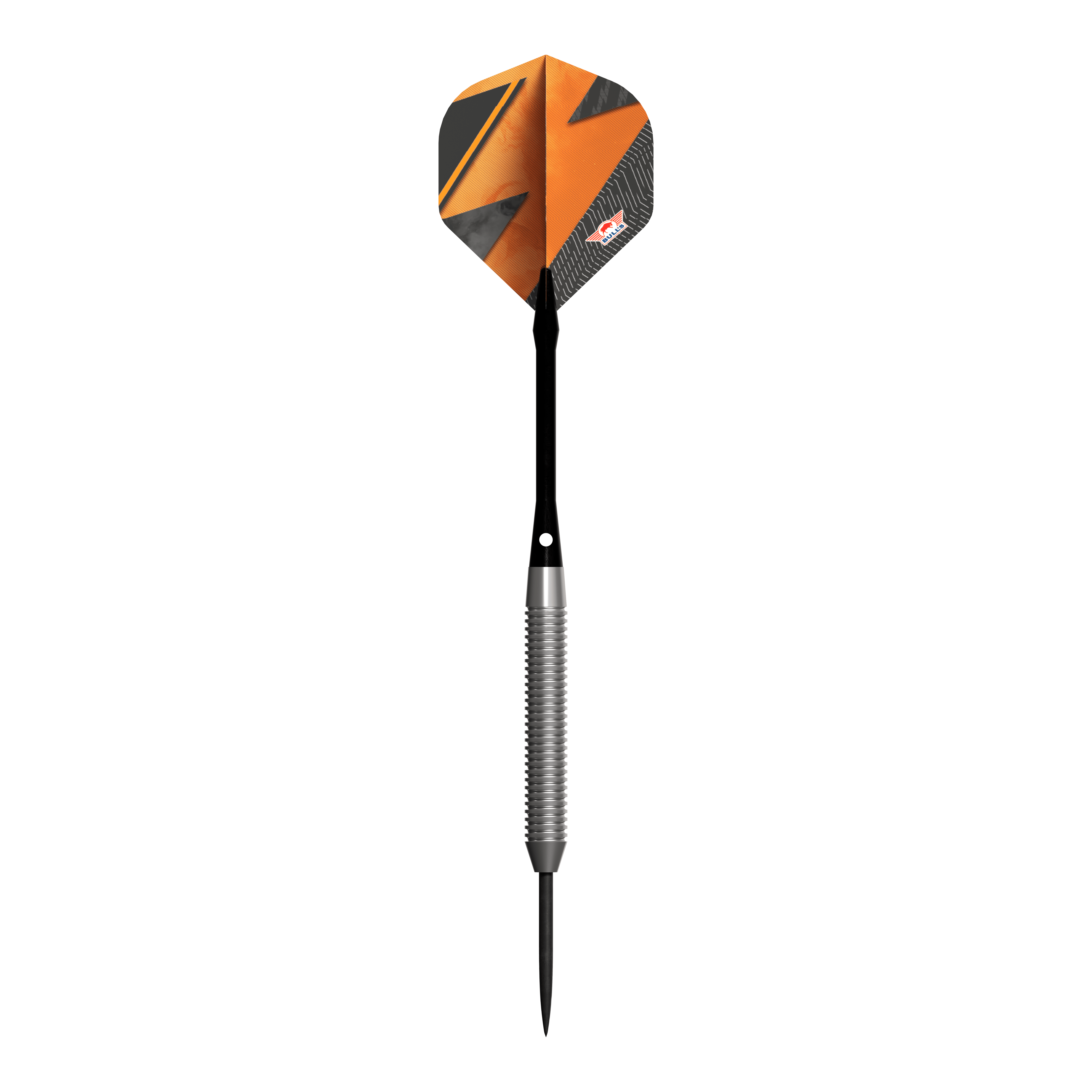 Bulls NL Lightning Orange Steel Darts Das Bild zeigt den Steeldart "Bulls NL Lightning Orange" mit einer auffälligen orangenen und schwarzen Flight. Der Schaft ist silberfarben und geriffelt, während die Dartspitze schwarz ist.