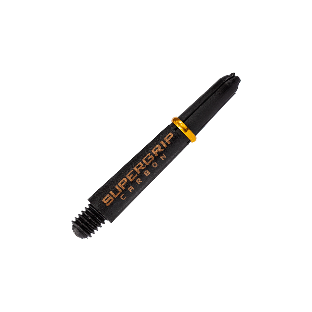 HR351_Harrows_Supergrip_Carbon_Shafts_Gold_33mm_2 Das Bild zeigt einen Harrows Supergrip Carbon Shaft in der Farbe Gold. Der Schaft ist schwarz mit goldenen Akzenten und dem Aufdruck "SUPERGRIP CARBON".