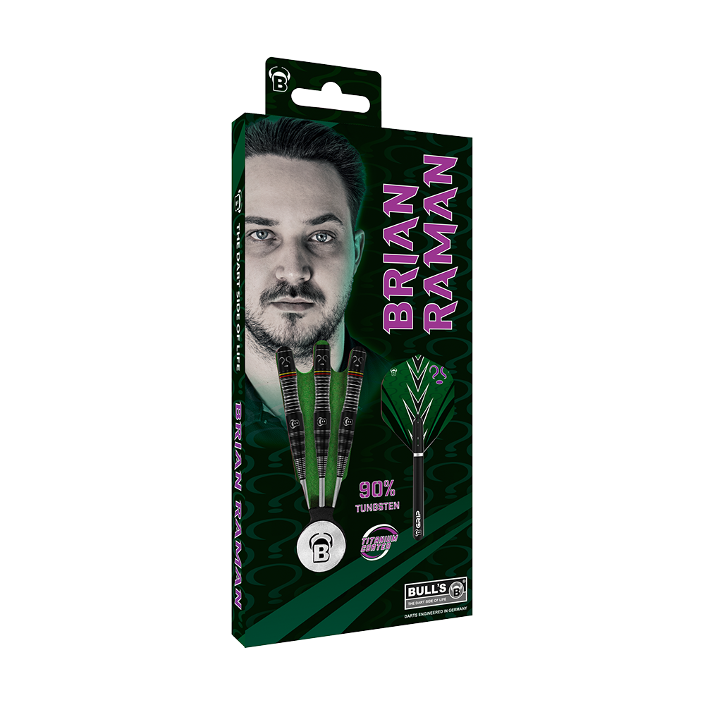 Bulls Brian Raman The Riddler Steeldarts Auf der Verpackung sind drei Steeldarts und das Porträt eines Mannes abgebildet. Der Name "Brian Raman" steht in großen Buchstaben daneben, und es wird 90% Tungsten hervorgehoben.