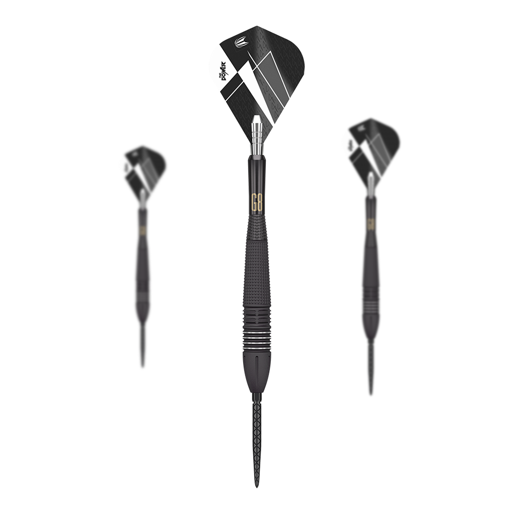 Target Phil Taylor Power 9Five GEN8 Swiss Point Steel Darts Das Bild zeigt drei Steeldarts des Modells "Target Phil Taylor Power 9Five GEN8 Swiss Point". Die Darts haben ein modernes schwarzes Design mit silbernen und weißen Akzenten.