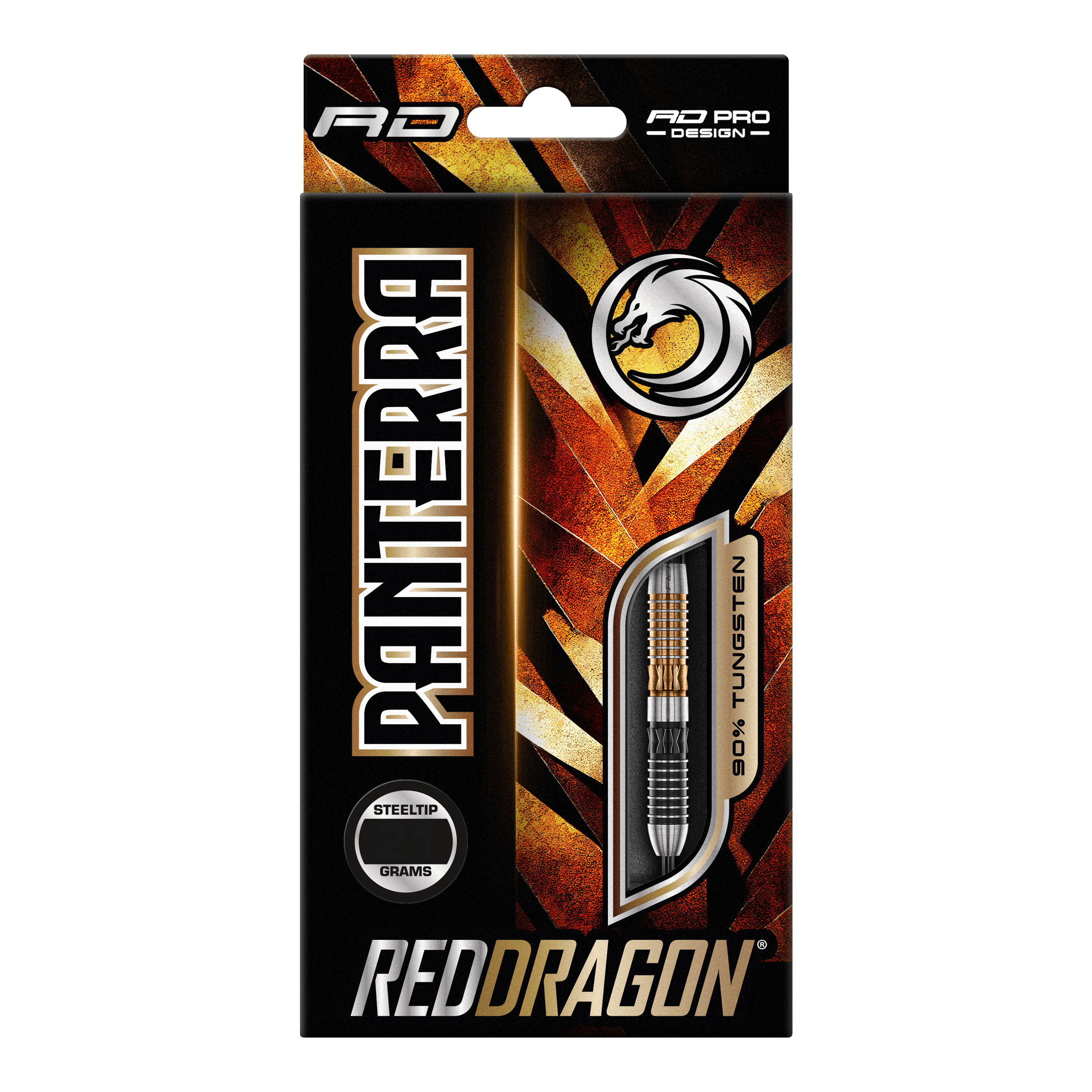 Red Dragon Panterra steel darts Die Abbildung zeigt die Verpackung der "Red Dragon Panterra Steeldarts". Das Design ist auffällig mit goldenen und schwarzen Farben gestaltet und hebt den Dart mit 90% Tungsten-Anteil hervor.