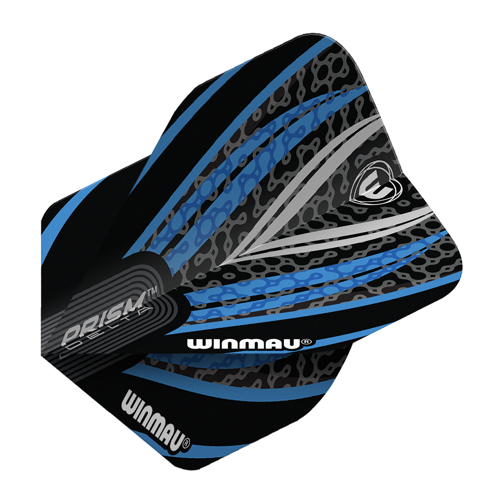 Das Bild zeigt ein Winmau Prism Delta Standard Dartflight in den Farben Schwarz, Weiß und Blau. Das Flight hat ein modernes, grafisches Design mit dem Winmau-Logo und auffälligen Mustern.