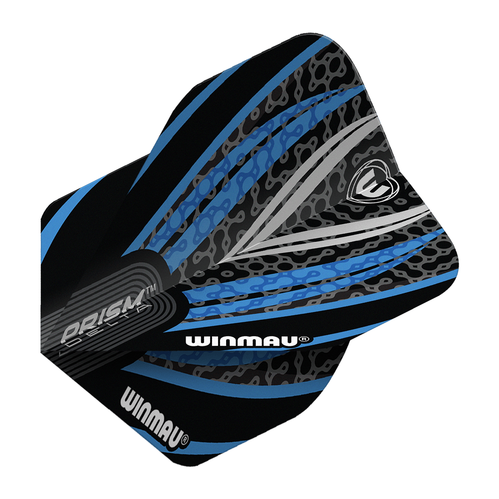 Winmau Prism Delta Black White Blue No. 2 Standard Flights Das Bild zeigt ein Winmau Prism Delta Standard Dartflight in den Farben Schwarz, Weiß und Blau. Das Flight hat ein modernes, grafisches Design mit dem Winmau-Logo und auffälligen Mustern.