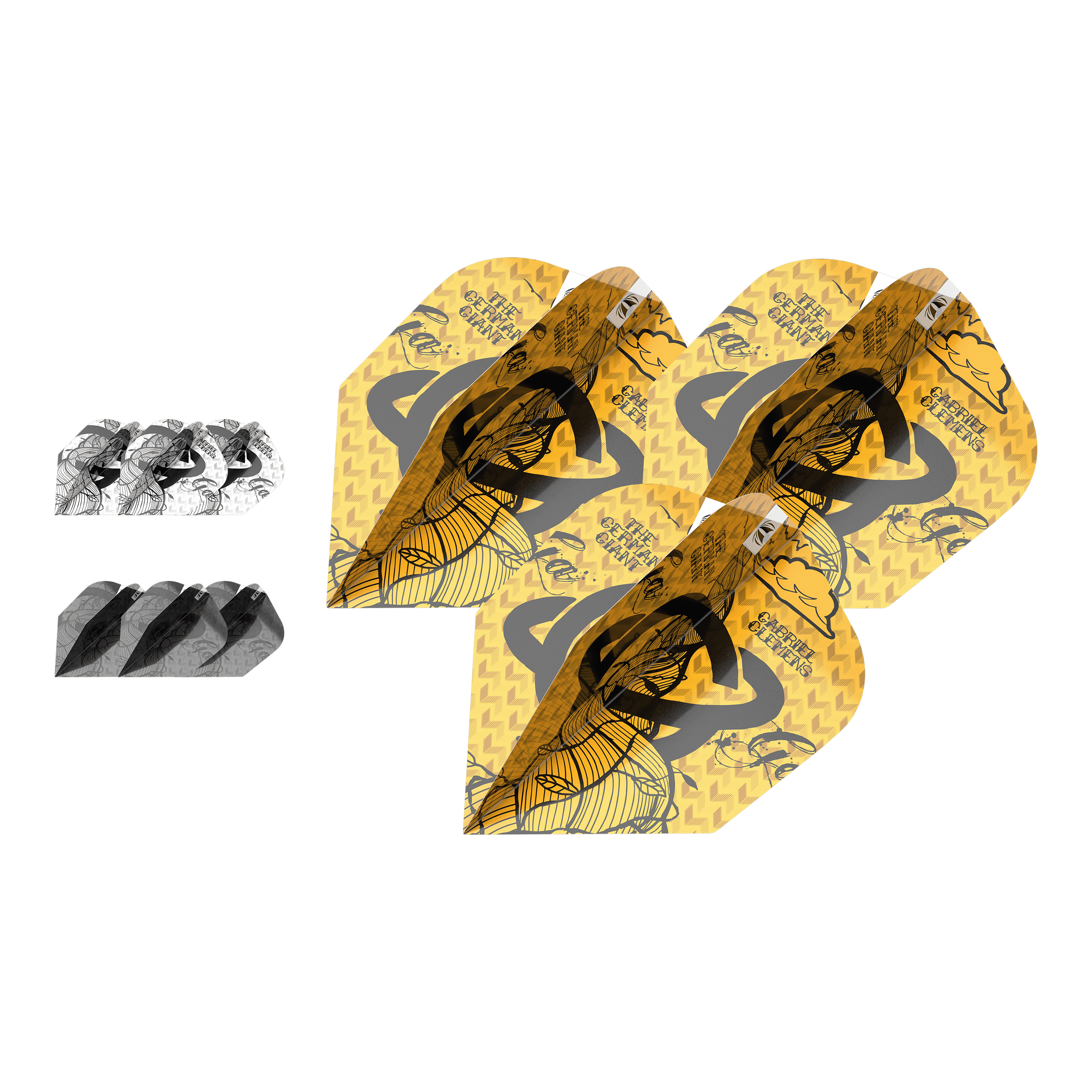 Target Ink Bundle 3 Sets Gabriel Clemens No6 Flights Das Bild zeigt drei Sets Dart-Flights aus dem "Target Ink Bundle 3 Sets Gabriel Clemens No6 Flights". Zwei Sets sind in Schwarz-Weiß und ein Set ist gelb mit einem besonderen Design.