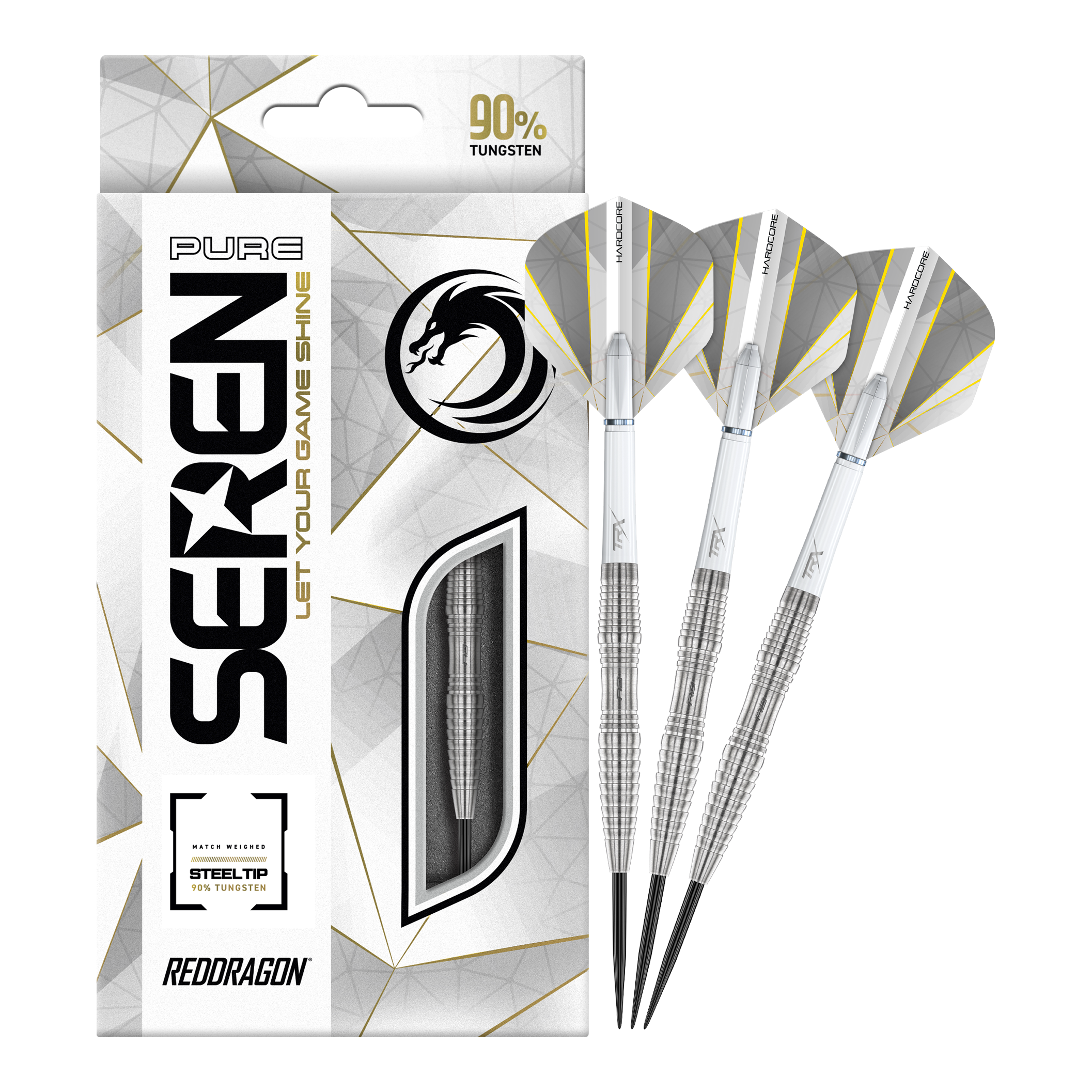 Red Dragon Seren 3 Pure Steeldarts Auf dem Bild sind die "Red Dragon Seren 3 Pure Steeldarts" zu sehen. Die Verpackung und drei silberne Steeldarts mit weißen Flights sind abgebildet.