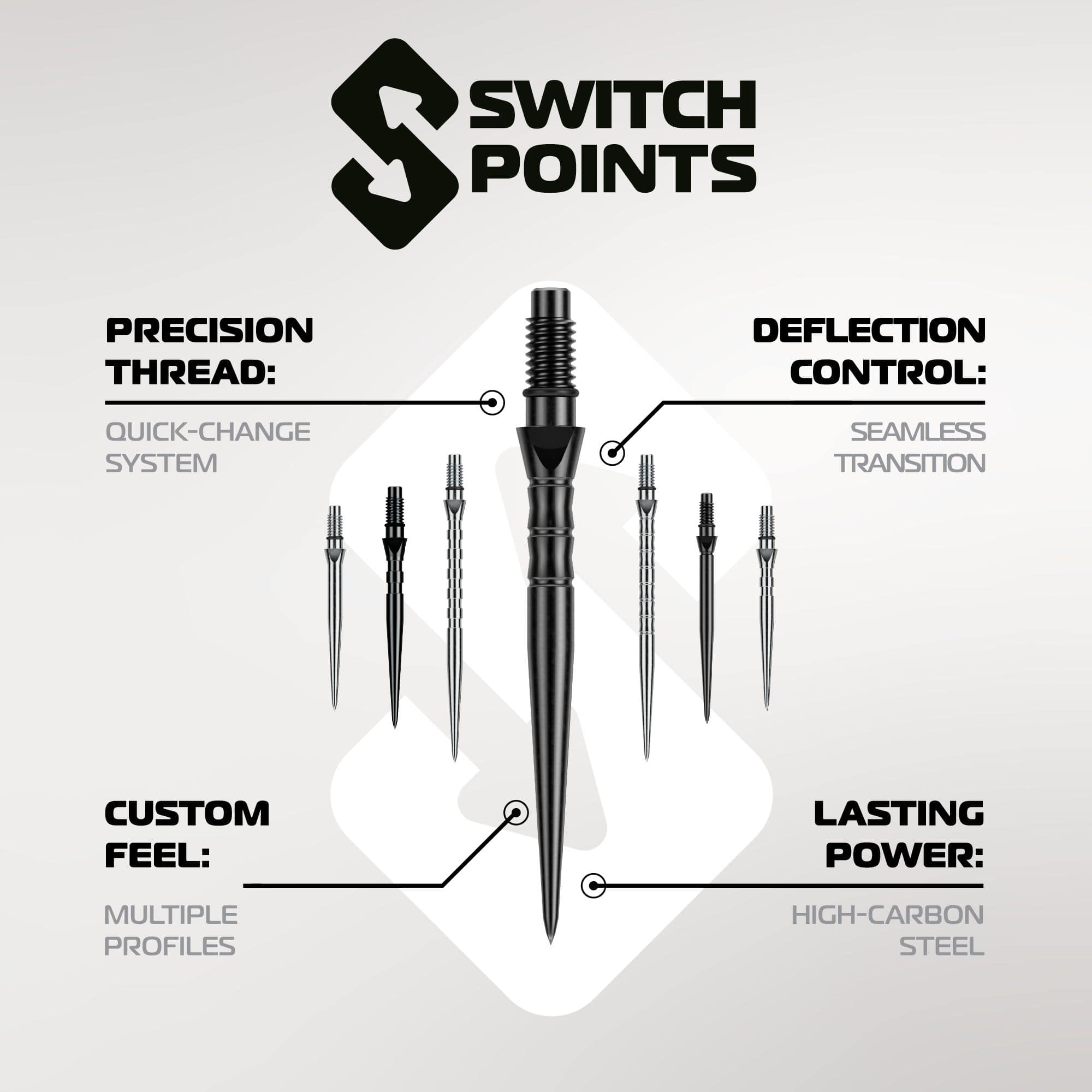 Winmau Switch Point Wave steel dart tips - Silver Effect Abgebildet sind die Winmau Switch Point Smooth Steeldartspitzen - Silver Effect. Die Dartspitzen sind silberfarben und haben eine glatte Oberfläche.