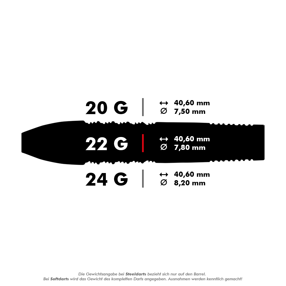 27706_Unicorn_Pro-Tech_Style1_Steeldarts_5_22g Das Bild zeigt die Spezifikationen für Unicorn Pro-Tech Steeldarts in den Gewichten 20 g, 22 g und 24 g. Für jedes Gewicht werden die Länge (40,60 mm) und der Durchmesser (zwischen 7,50 mm und 8,20 mm) des Barrels angegeben.