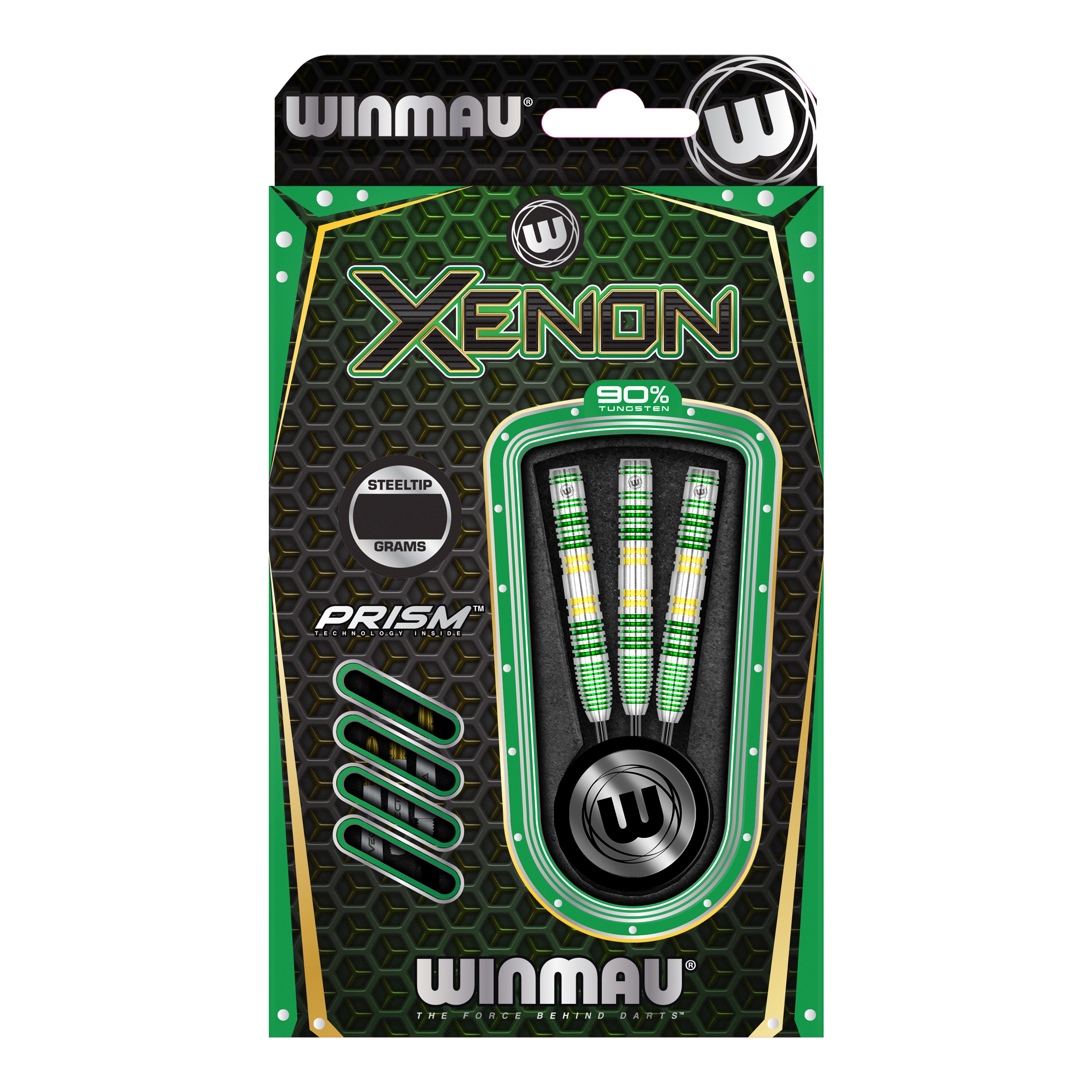 Winmau Xenon Steeldarts Das Bild zeigt eine Packung Winmau Xenon Steeldarts. Die Verpackung ist überwiegend schwarz-grün und enthält drei Darts mit bunten Griffen.