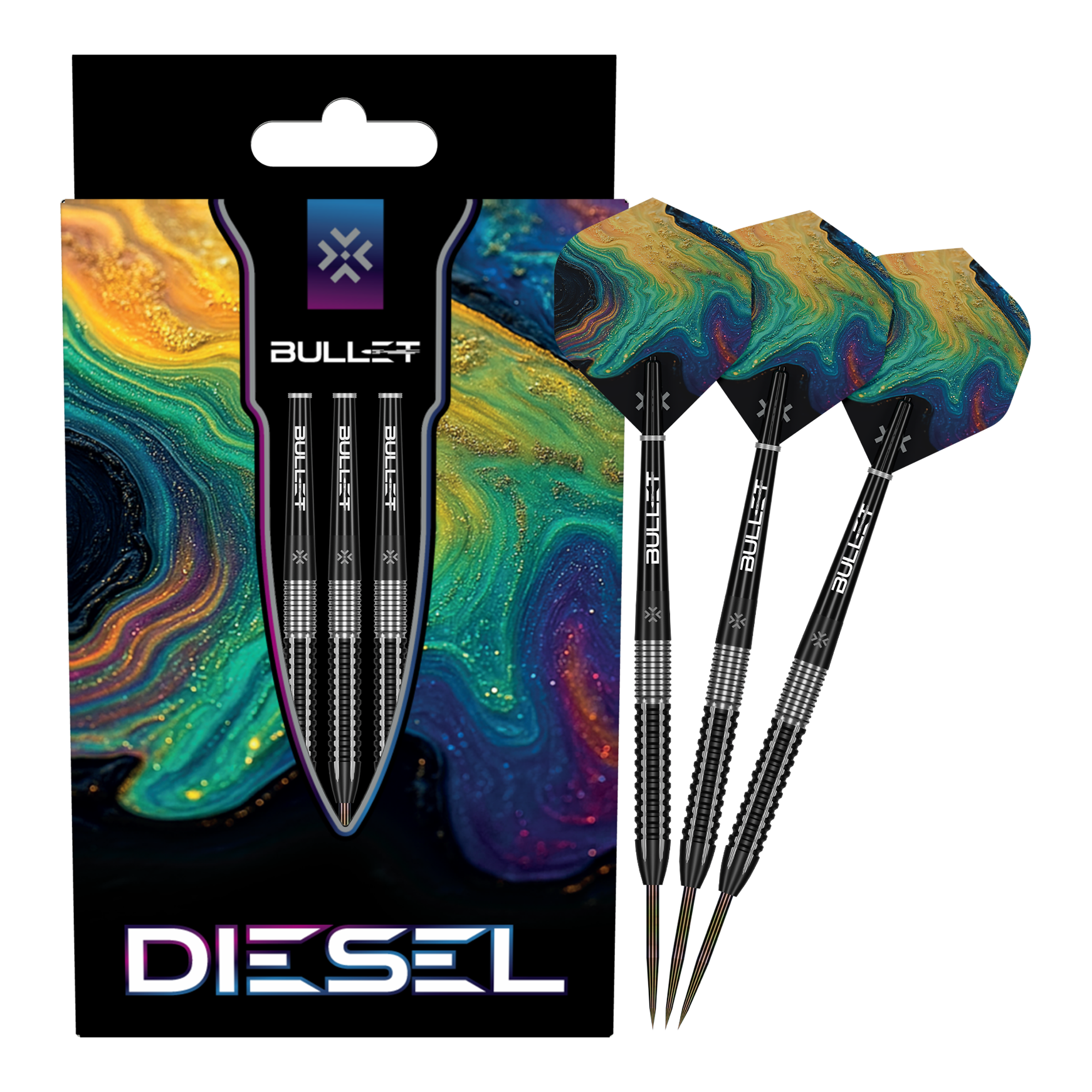 Hier wird das Produkt Bullet Diesel Steeldarts präsentiert. Die Steeldarts sind für den professionellen Dartsport geeignet.