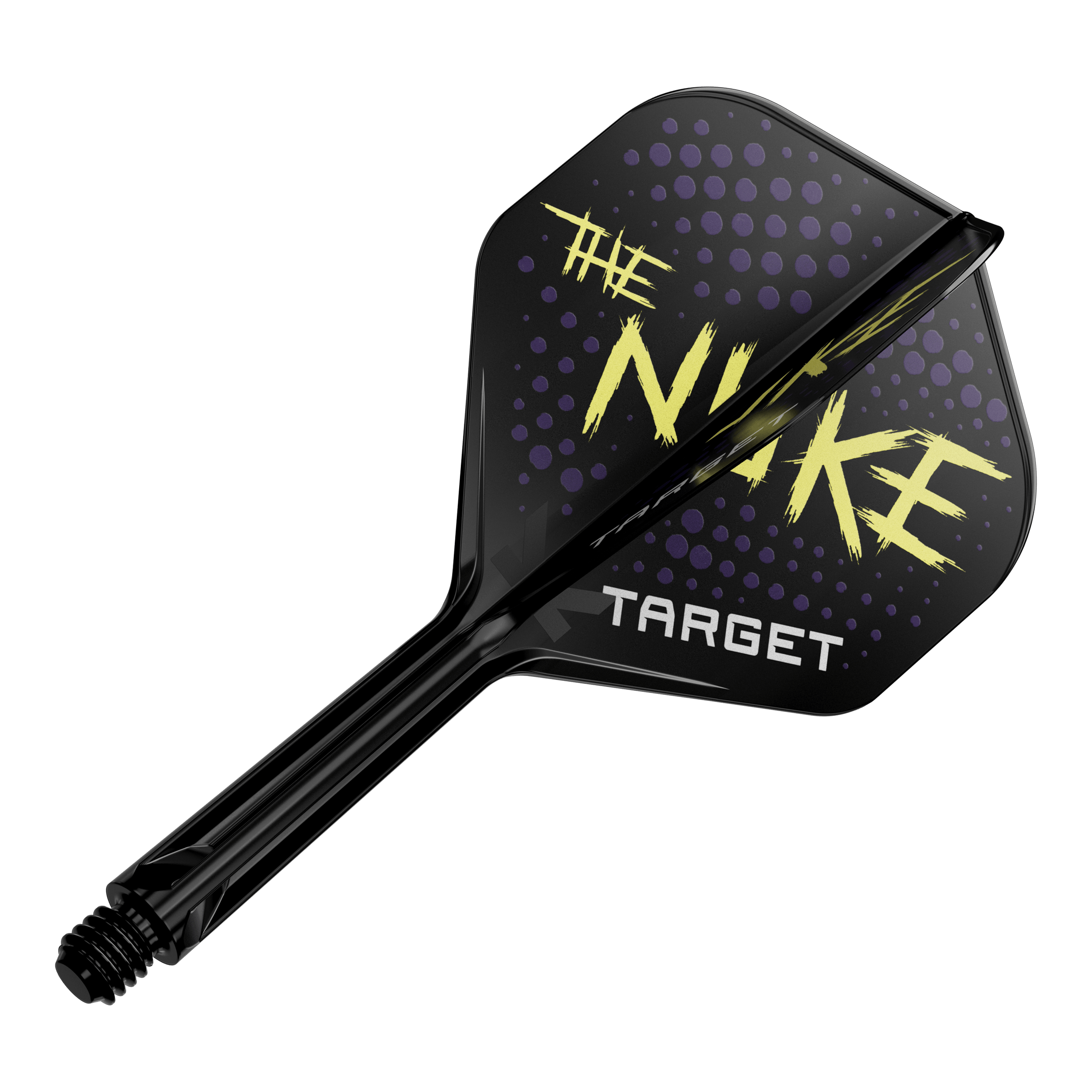 Target K-Flex Luke Littler Black No2 Standard Flight System Das Bild zeigt einen schwarzen Dartflight mit dem Schriftzug "THE NUKE" und "TARGET" darauf. Der Hintergrund des Flights ist mit lila Punkten verziert.