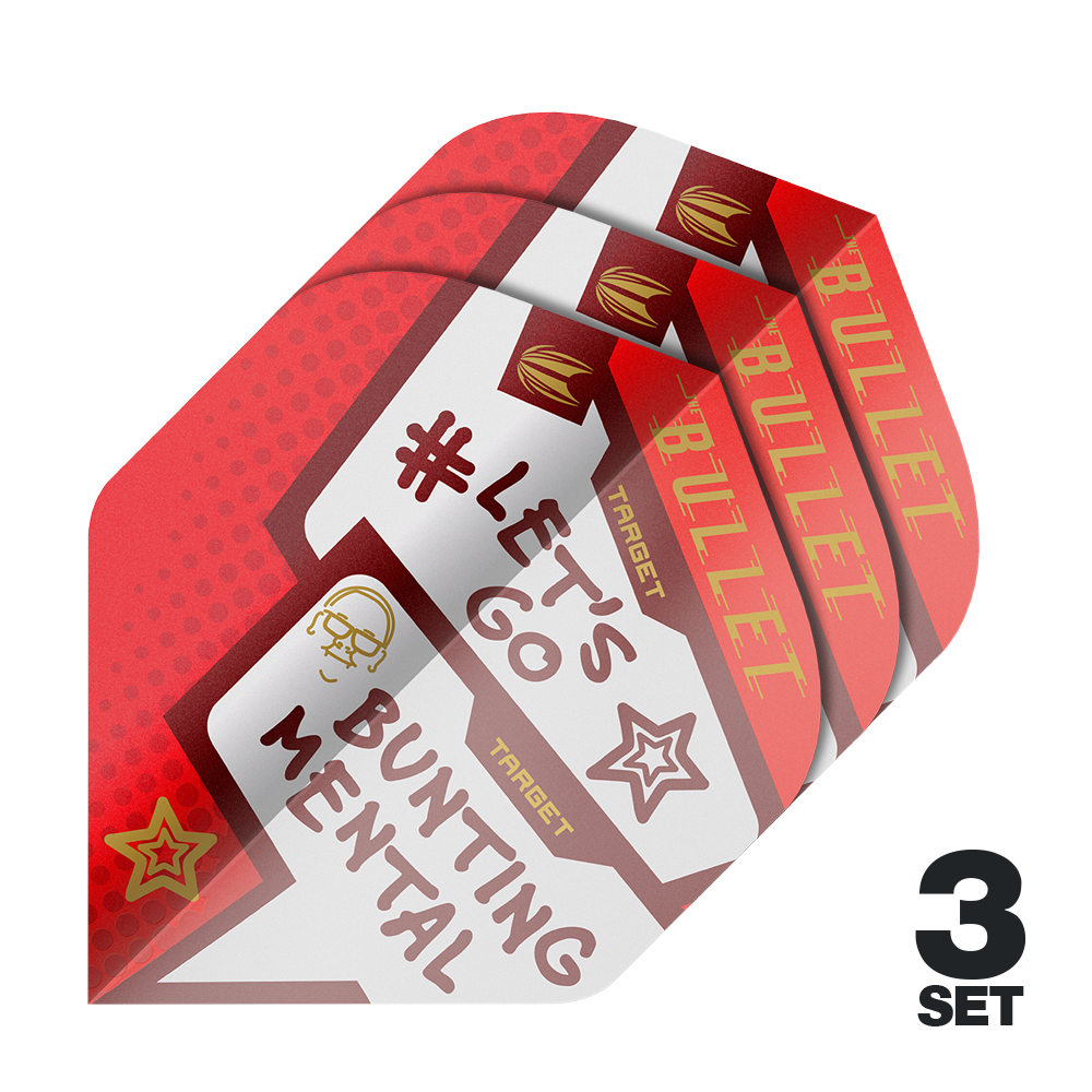 Das Bild zeigt drei Sätze der Target Pro Ultra Stephen Bunting Mental No2 Standard Flights für Darts. Die Flights sind rot-weiß gestaltet und tragen Aufschriften wie "#LET'S GO BUNTING MENTAL" und "BULLET".