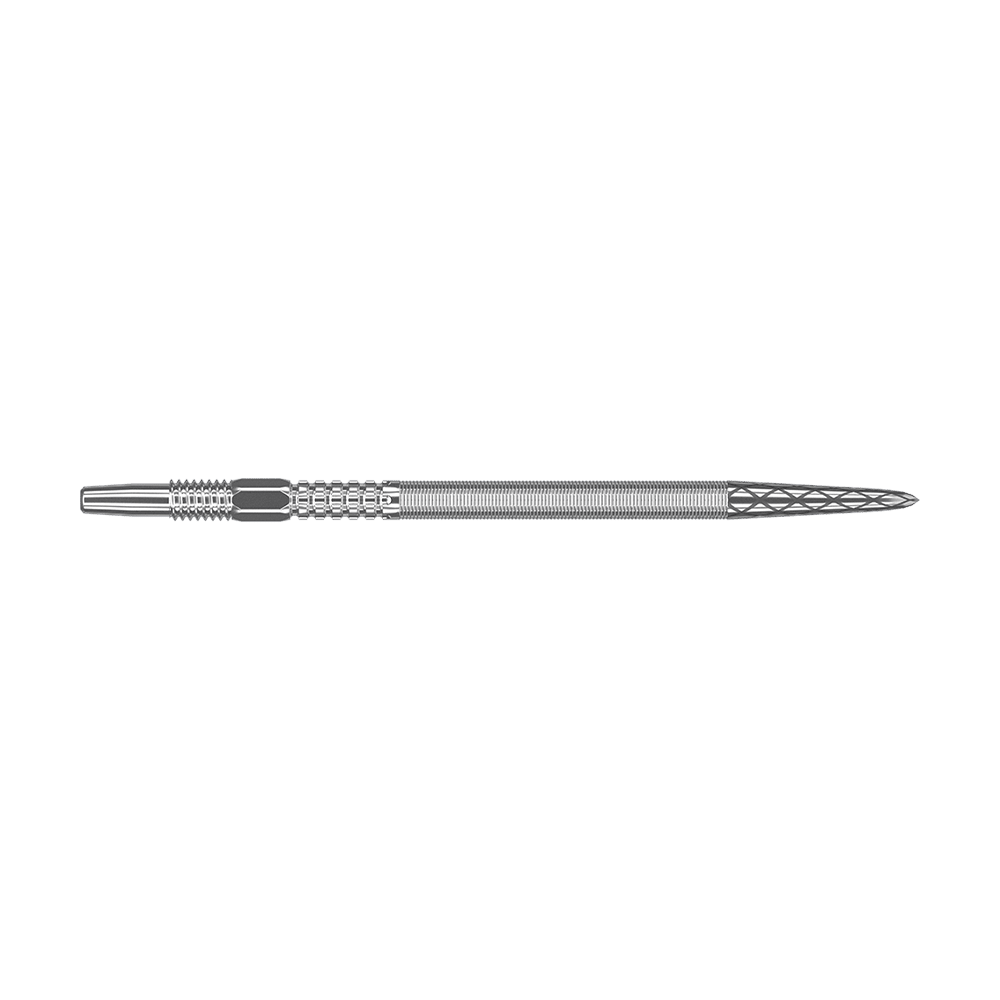 Target Swiss Point DX dart tips - Silver Das Bild zeigt eine silberne Dartspitze mit feinen Rillen und Muster. Die Spitze ist lang und schmal gestaltet.