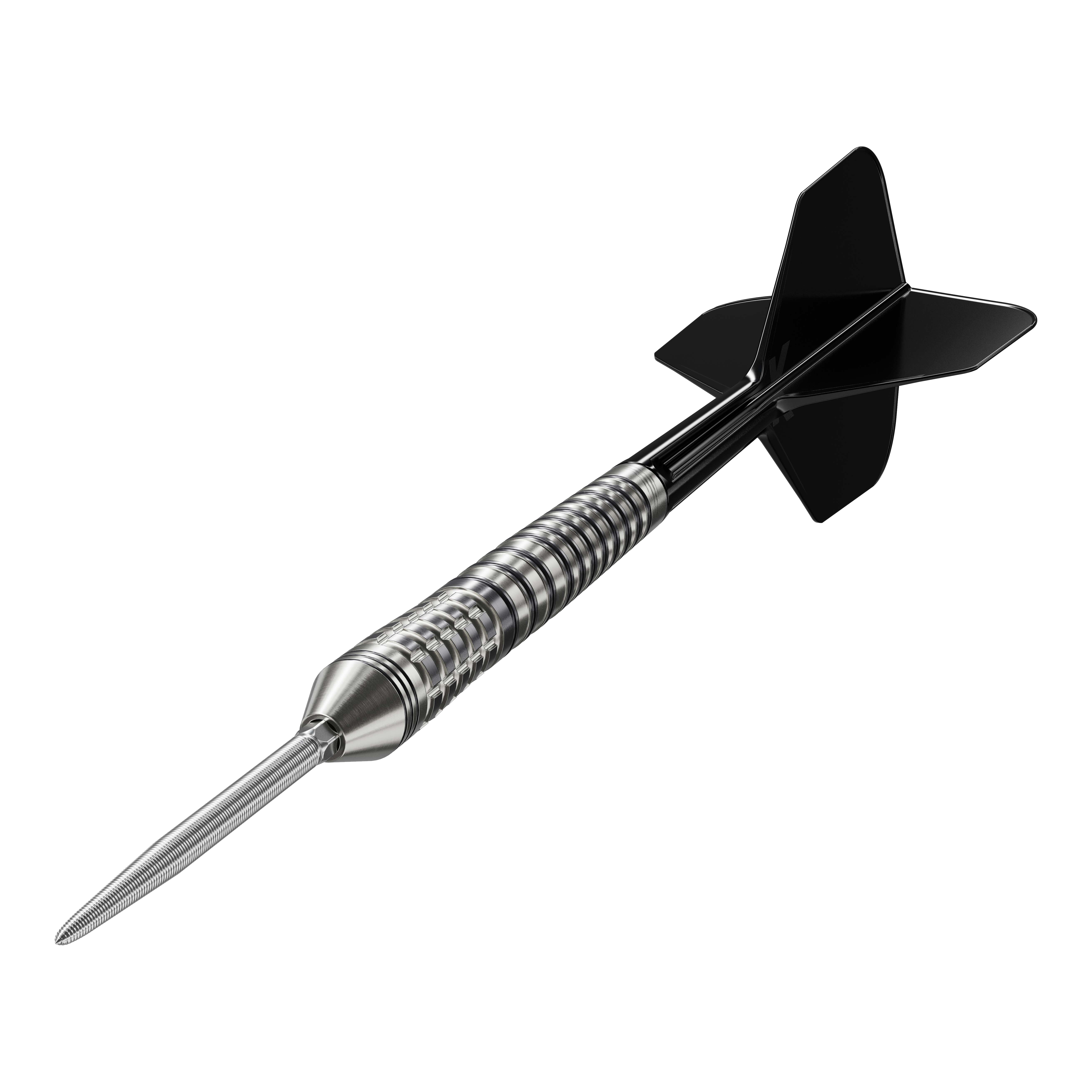 Target Black Marque Renegade 4 Swiss Point Steeldarts Das Bild zeigt einen Target Black Marque Renegade 4 Swiss Point Steeldart. Der Dartpfeil hat eine silberne, gerillte Spitze und schwarze Flights.