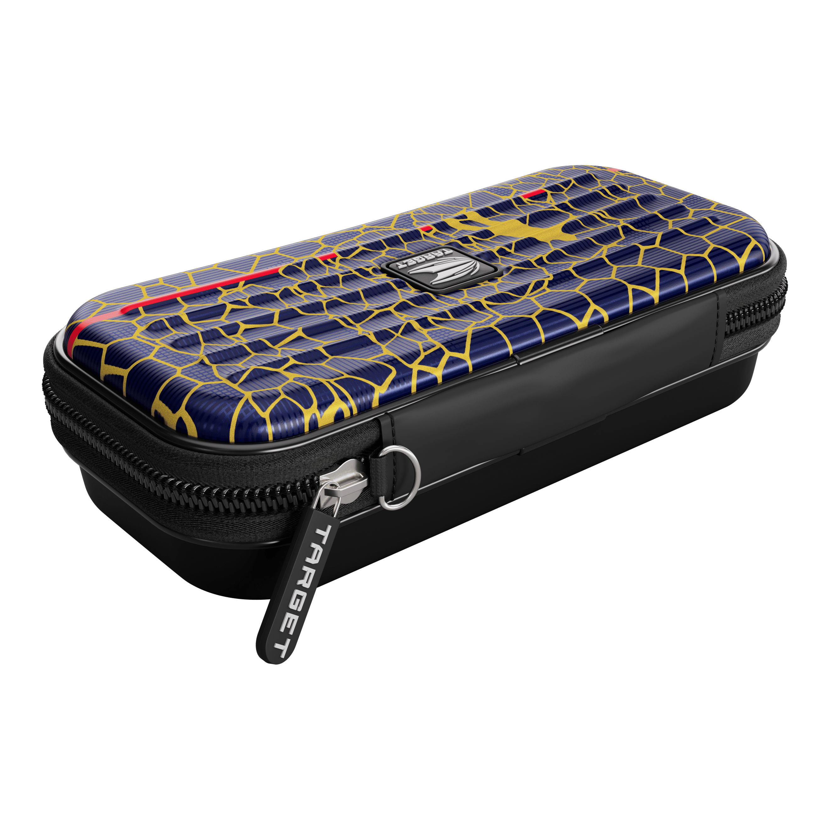 Target Takoma Josh Rock dart case Das Bild zeigt ein Target Takoma Josh Rock Dartcase. Das Etui hat ein auffälliges Muster in Blau und Gelb mit einem schwarzen Reißverschluss.