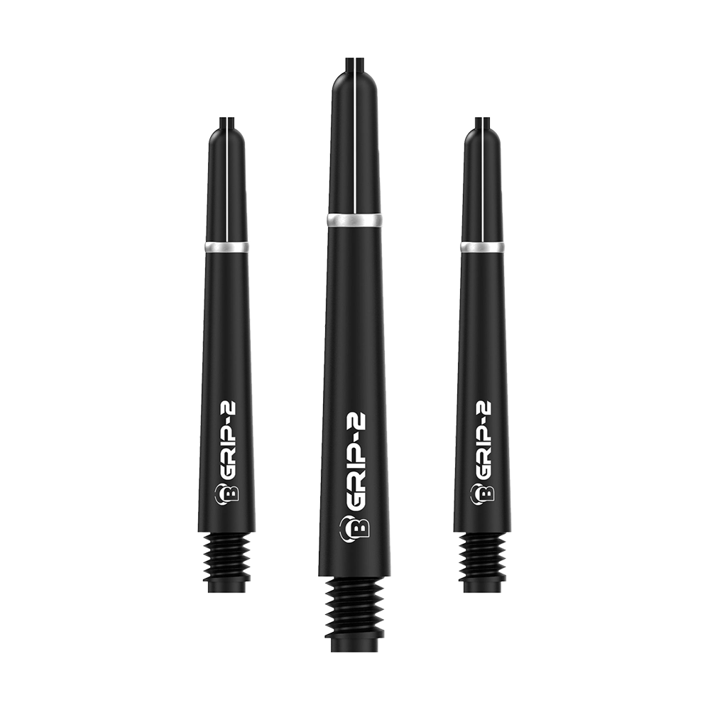 Das Bild zeigt drei schwarze Bulls B-Grip-2 SL Shafts für Darts. Sie sind in unterschiedlichen Längen angeordnet und haben eine weiße Beschriftung.