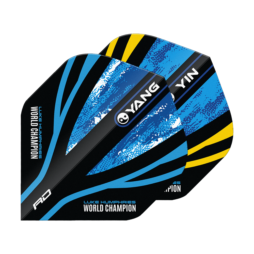 Das Bild zeigt die "Red Dragon Luke Humphries World Champion Blue Gold Yin Yang Standard Flights". Die Flights sind in Blau, Schwarz und Gelb gestaltet und tragen die Aufschrift "World Champion" sowie "YIN" und "YANG".