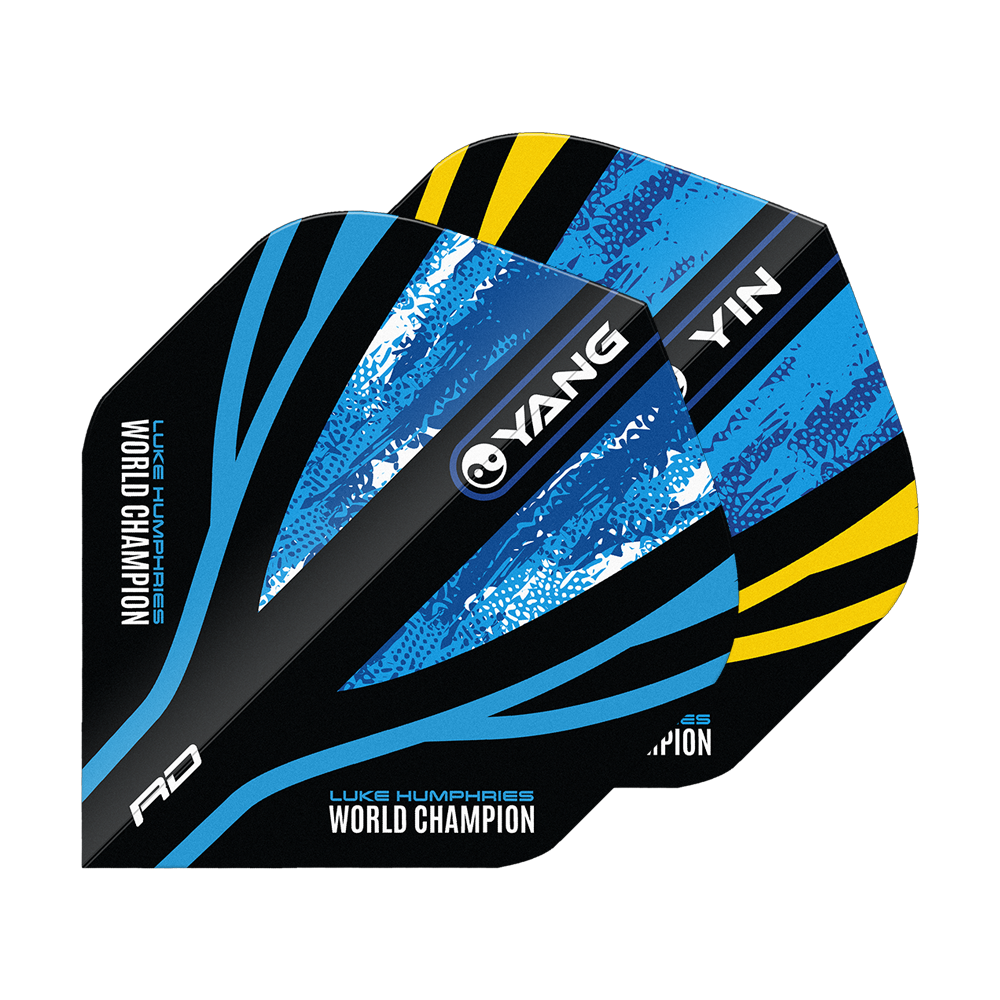 Red Dragon Luke Humphries World Champion Blue Gold Yin Yang Standard Flights Das Bild zeigt die "Red Dragon Luke Humphries World Champion Blue Gold Yin Yang Standard Flights". Die Flights sind in Blau, Schwarz und Gelb gestaltet und tragen die Aufschrift "World Champion" sowie "YIN" und "YANG".