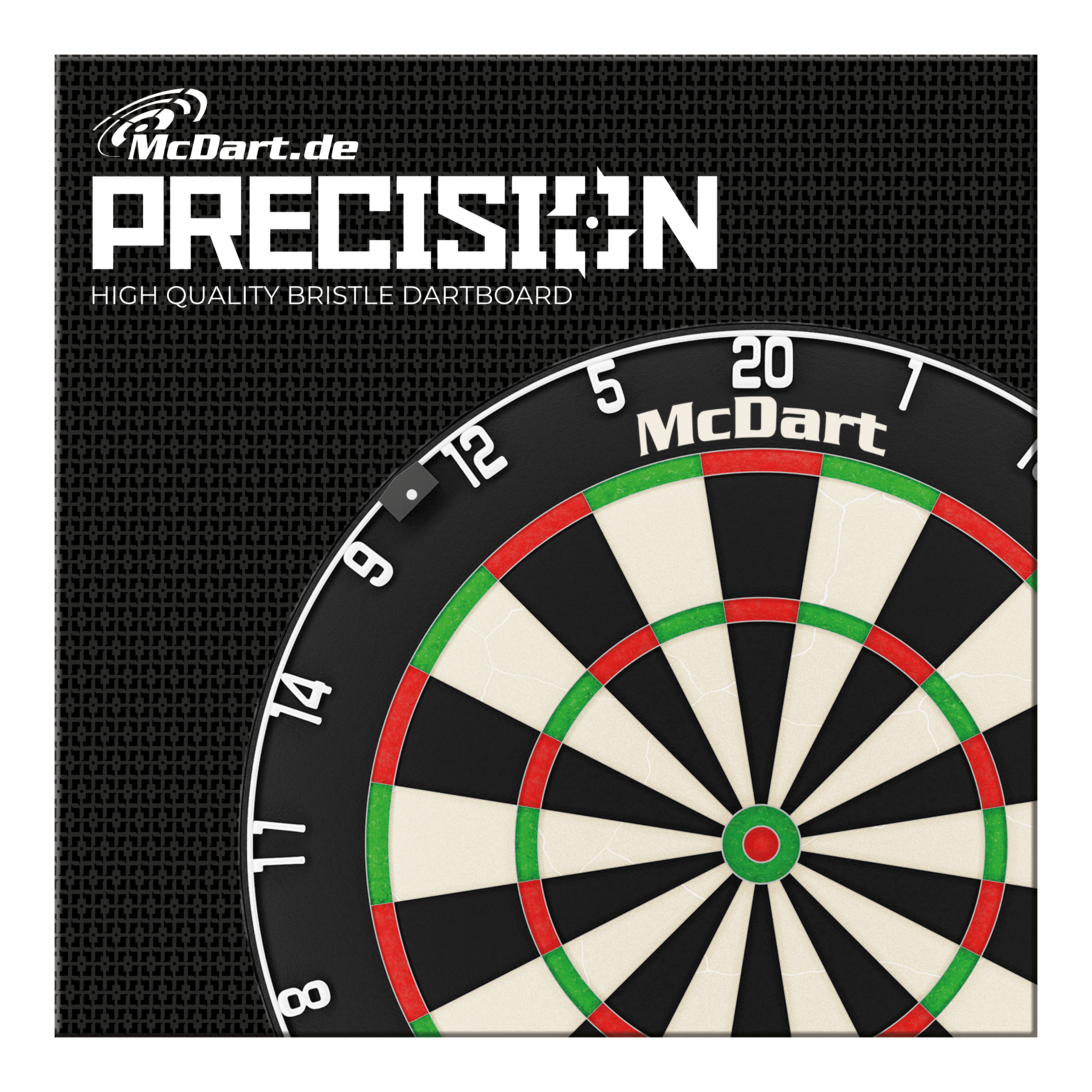 Das Bild zeigt das Produkt "McDart Precision Steeldartboard". Zu sehen ist ein hochwertiges Bristle-Dartboard mit dem McDart-Logo.