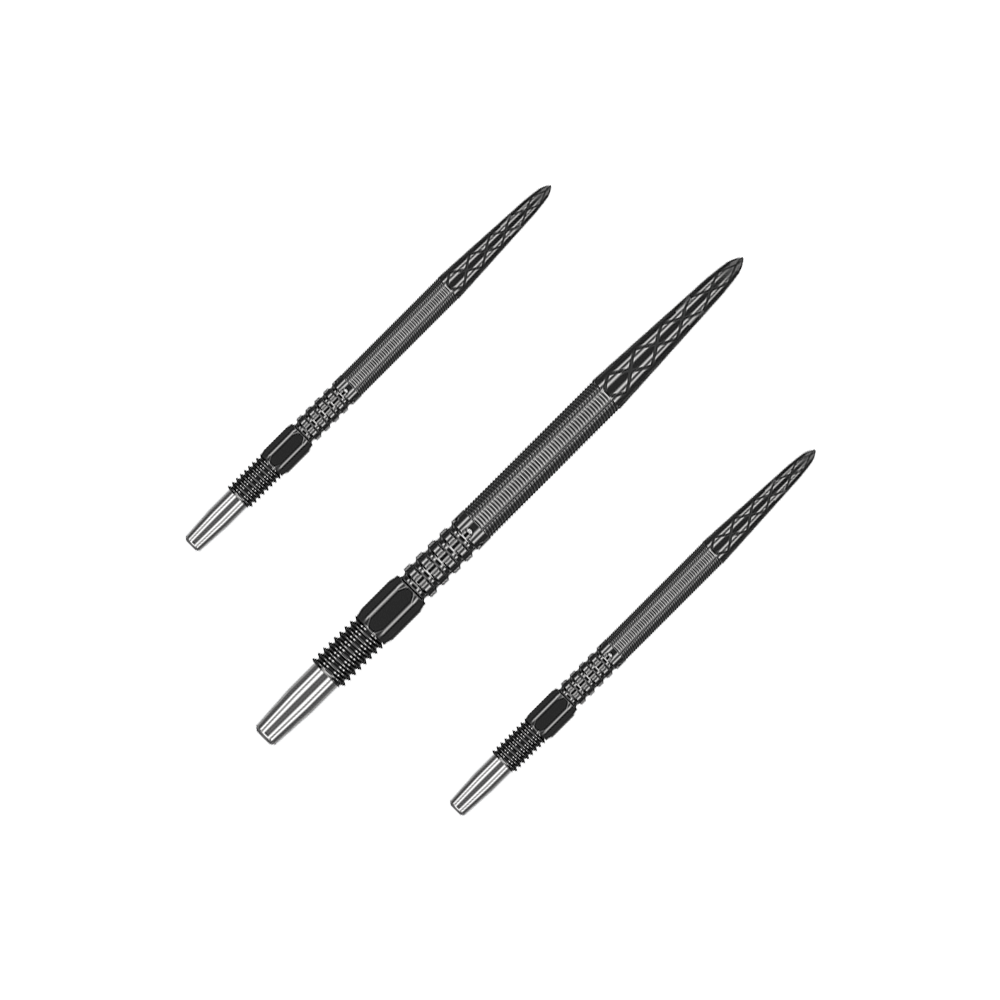 Target Swiss Point DX dart tips - Black Das Bild zeigt drei schwarze Dartspitzen, die nebeneinander angeordnet sind. Sie haben ein geriffeltes Design und eine spitze Form.