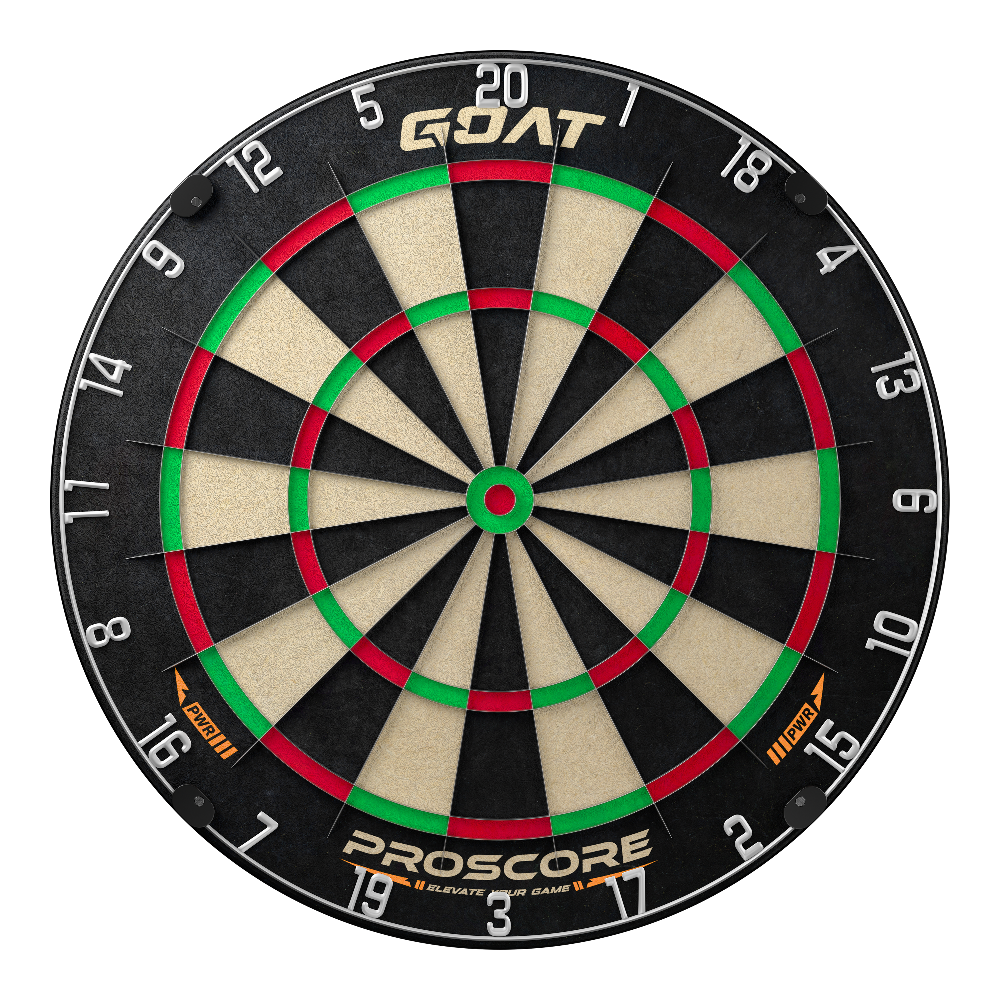 GOAT Proscore PWR steel dartboard Das Bild zeigt eine Steeldart-Scheibe mit der Aufschrift "GOAT Proscore PWR". Die Scheibe hat klassische Farbringe in Schwarz, Creme, Rot und Grün.